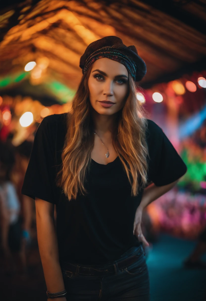 Beautiful woman wearing a blank black t-shirt at a psytrance music festival