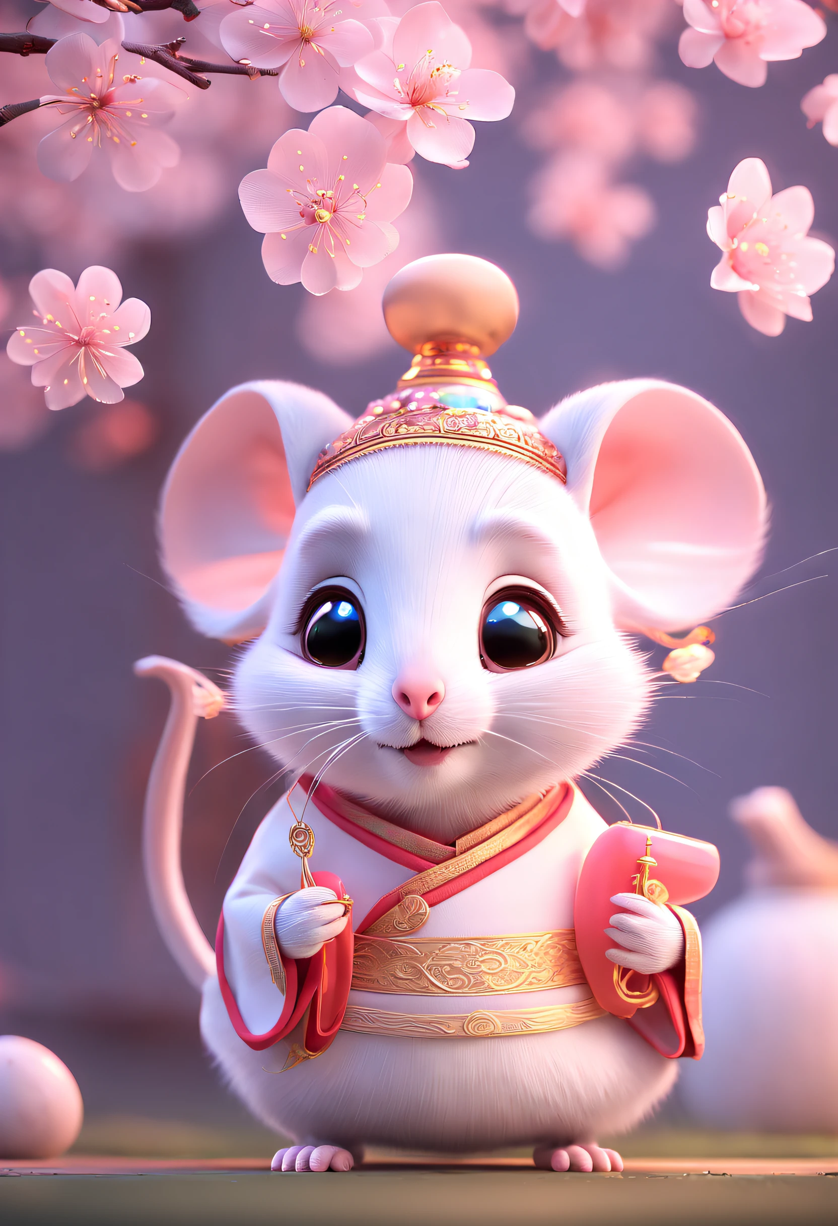 A little white rat in a soft Chinese Tang Dynasty Chinese costume, super cute, cinematic lighting, intricate filigree design, Pixar style, anthropomorphic, holding a pink lantern, big eyes, smile, peach blossom, flow, charming, immortal, fluffy, shiny bristles, ptals, fairy tale, unreal engine 5 and octane rendering, incredibly detailed, 4K, trending in art station, gorgeous, Super wide angle, 4K --ar 10:16 --test --video --upbeta