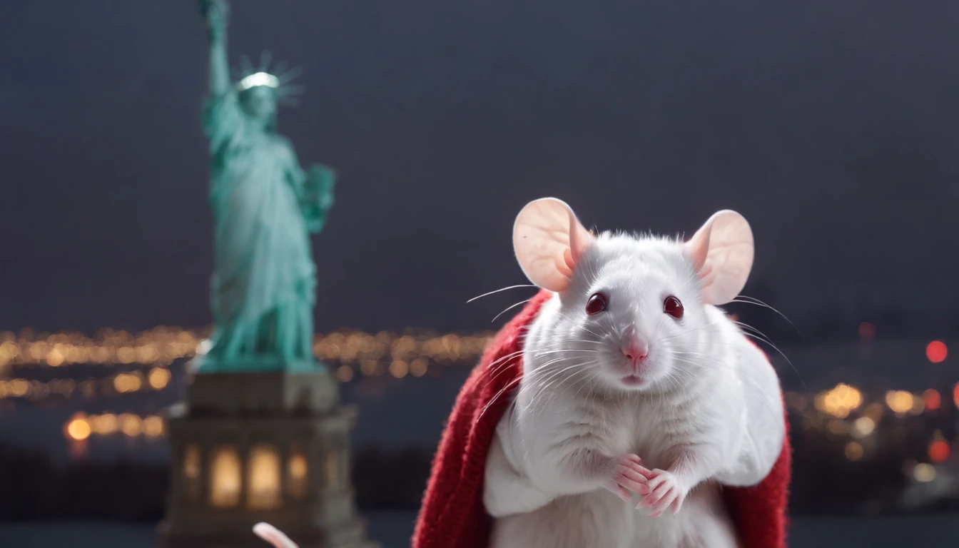 closeup of A cute white mouse with wearing a red sweater standing on top of the statue of liberty, night, city skyline in background, snowing