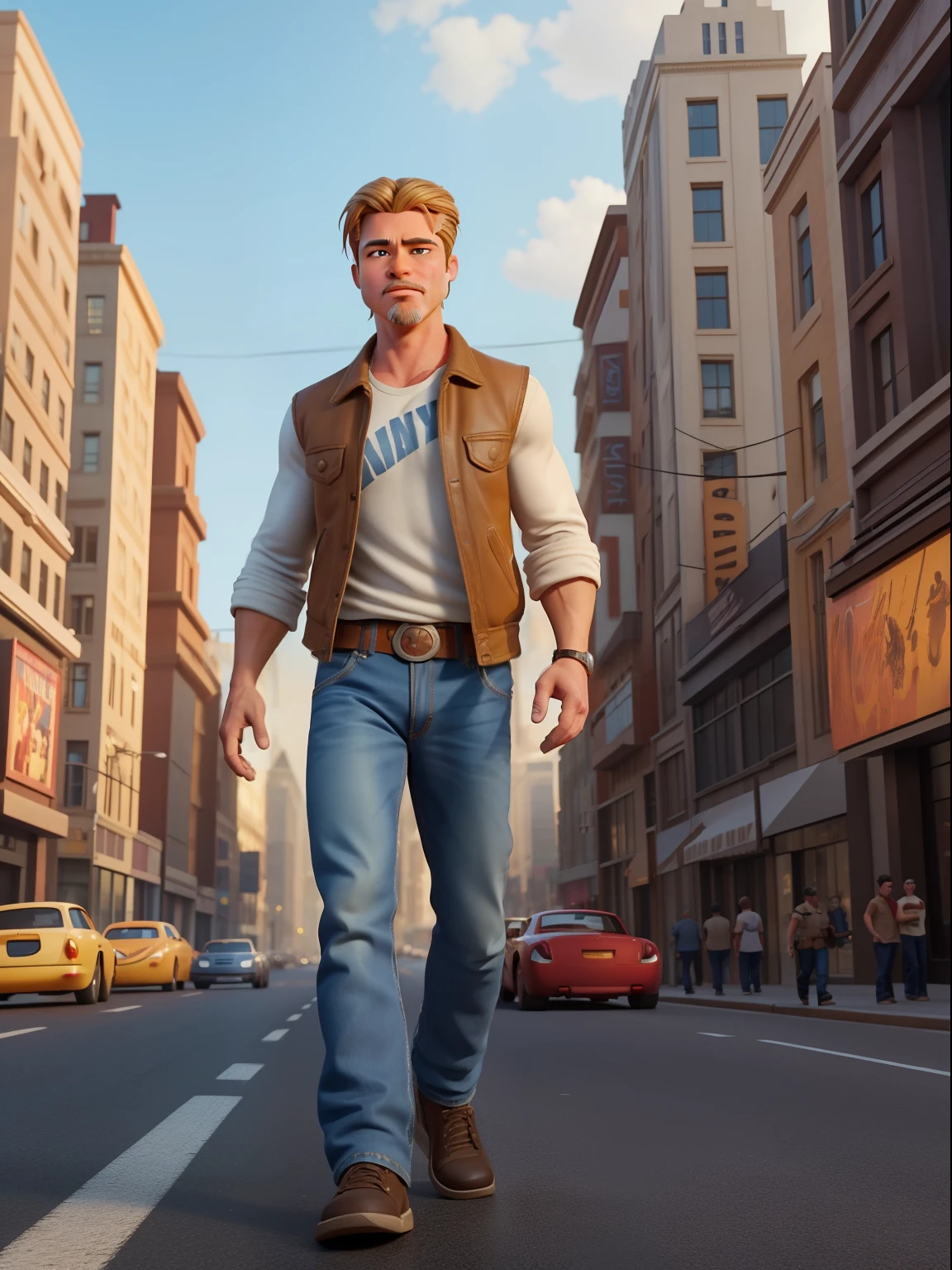 A waist high potrait of brad pitt manly character well built, wearing casual clothes, in the style of Pixar Animation, walking on a busy big city street, cars, people, dynamic action poses, sunrise, rich colours , 3d render unreal engine , octane render , intricately detailed, 8k, Pixar Animation.