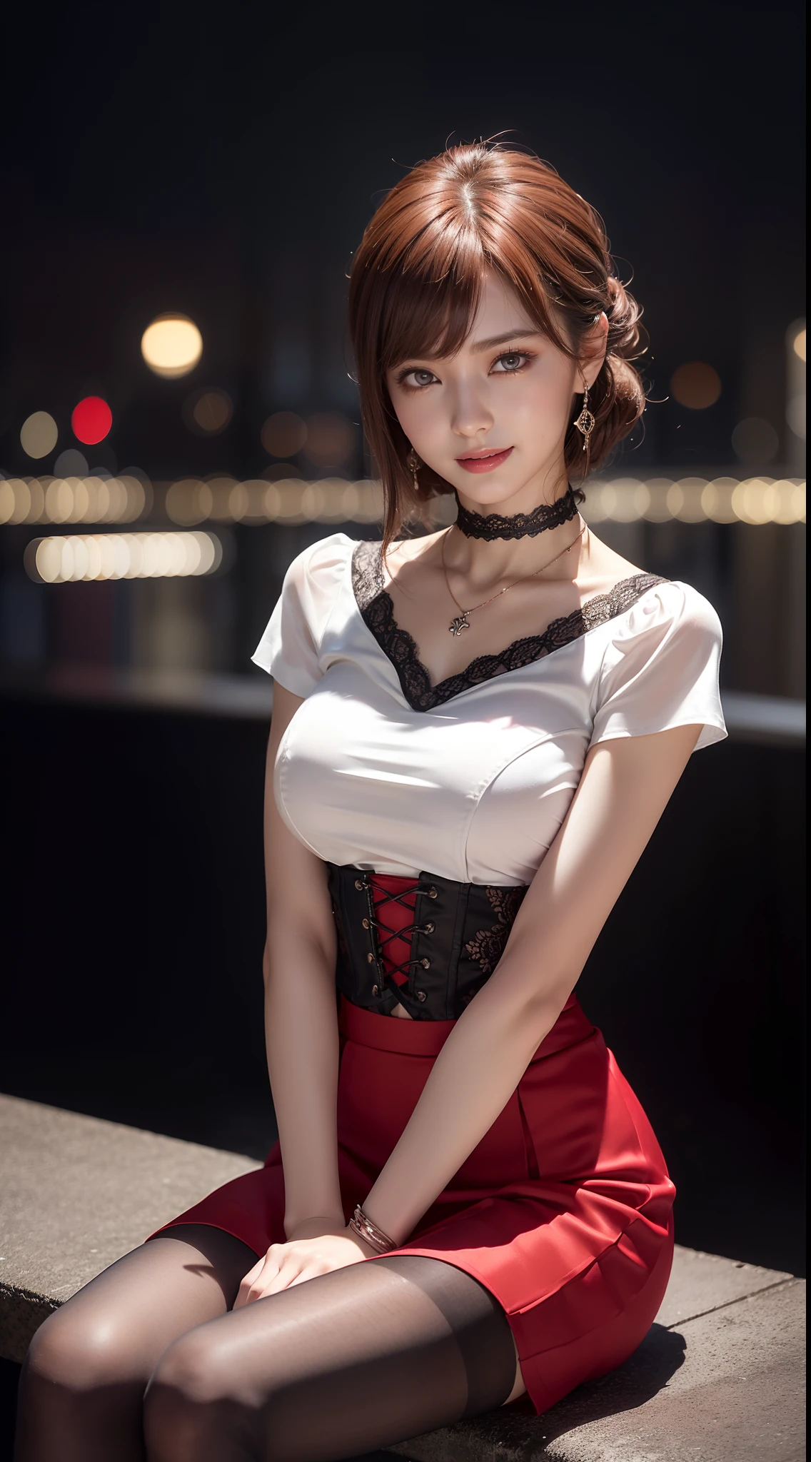 8k, masterpiece, RAW photo, best quality, photorealistic, extremely detailed CG unity 8k wallpaper, Depth of field, Cinematic Light, Lens Flare, Ray tracing, (extremely beautiful face, beautiful lips, beautiful eyes), intricate detail face, ((ultra detailed skin)) 1girl, in the dark, deep shadow, pretty Asian girl, idol, 1 girl, (very slim slender fit-muscled body:1.3), ((looking at viewer)),(big smile:1.3), (tight laced blouse), ((white color blouse)), (short sleeve) , (city night, dark night, (neon sign), (blurred background), dim lights, cityscape, rooftops, beautiful earrings, bracelets, necklace, pantyhose, clear eyes, (pale skin), (big eyes), face forward, ((upper body shot)), (silk red color skirt), (brown hairs),((laced skirt)), (looking at viewer:1.3), open breast, (very slim), medium breasts,((flooming laced)), updo hair, mini skirt, short hair, laced black stockings, wet streets