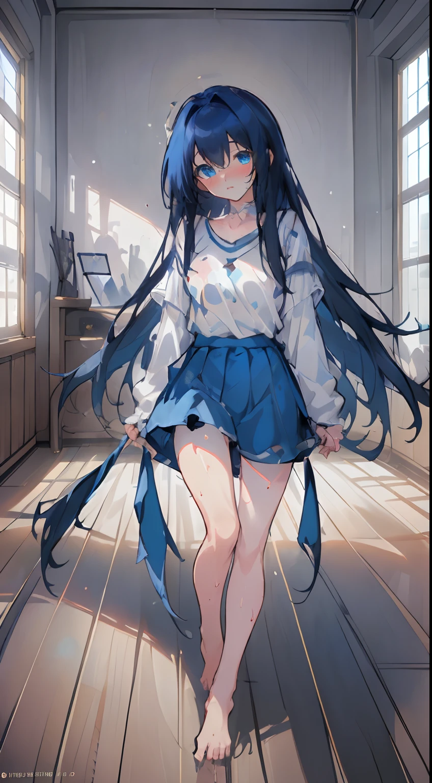 (Masterpiece, Best quality) (Masterpiece, Best quality) (Masterpiece, Best quality) ，1 girl, ((Blue eyes)), Delicate eyes, Dark blue hair, Long hair,Messy hair,Hairstyles, (White sweatshirt:1.5), Large breasts, Slender legs, Barefoot,Wet,embarressed,((Blush)),suffocating,full bodyesbian, Hand POV, Long sleeves, 鎖骨, , view the viewer, offcial art, Sketch, ，,Empty eyes,clench one's teeth,Slender legs,