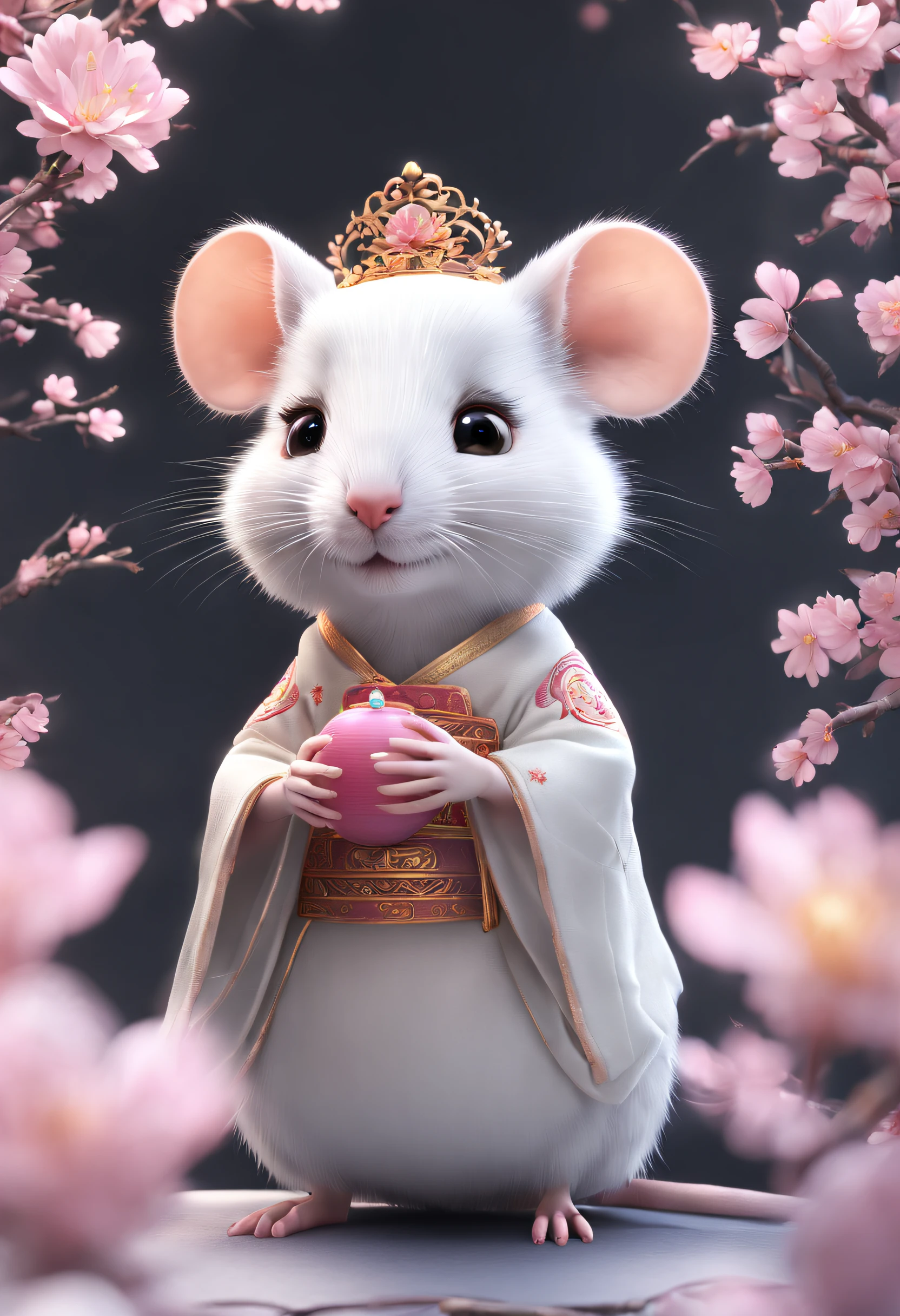 A little white rat in a soft Chinese Tang Dynasty Chinese costume, super cute,wears a crown on its head, cinematic lighting, intricate filigree design, Pixar style, anthropomorphic, holding a pink lantern, big eyes, smile, peach blossom, flow, charming, immortal, fluffy, shiny bristles, ptals, fairy tale, unreal engine 5 and octane rendering, incredibly detailed, 4K, trending in art station, gorgeous, Super wide angle, 4K --ar 10:16 --test --video --upbeta