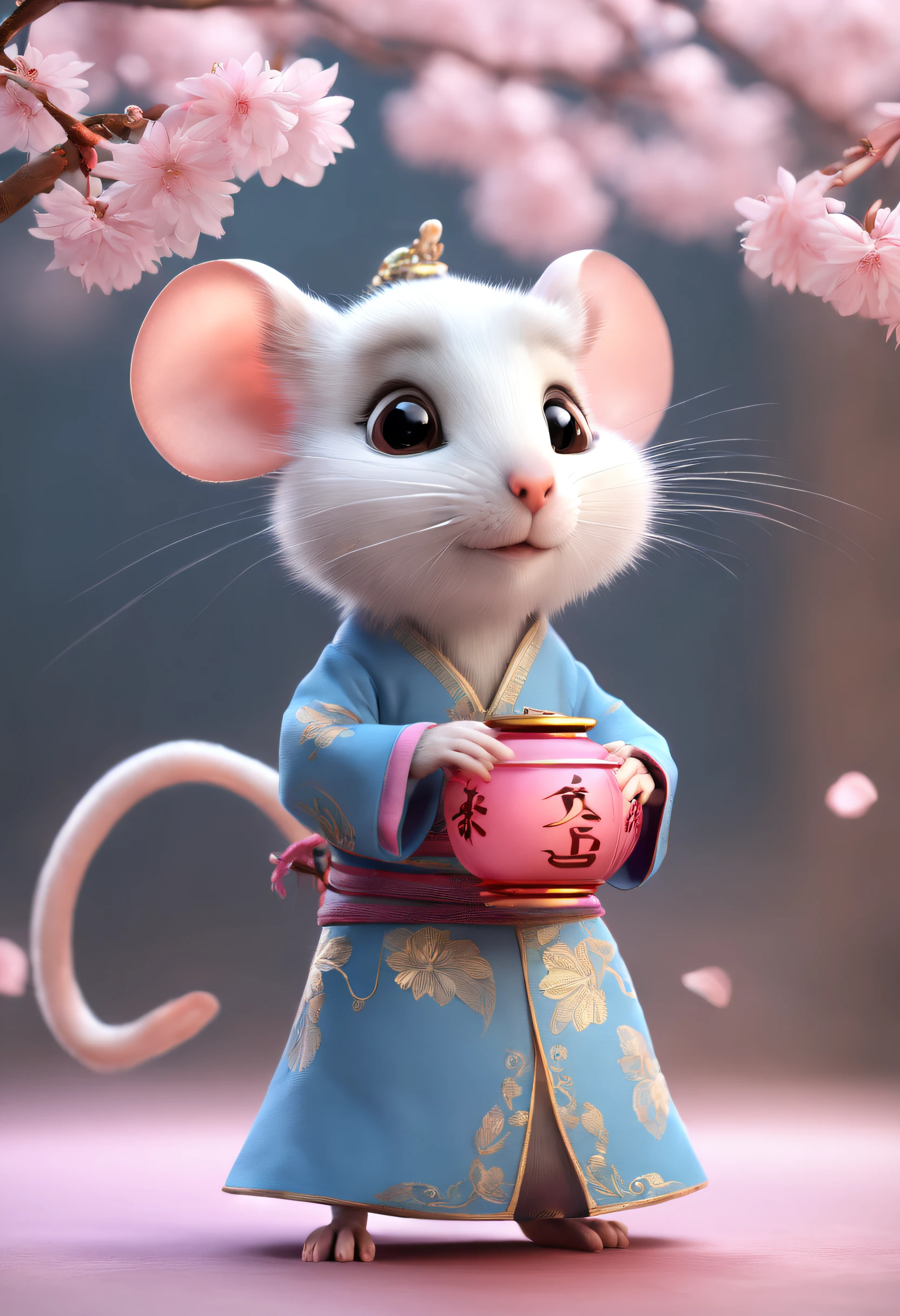 A little white rat in a soft Chinese Tang Dynasty Chinese costume, super cute, cinematic lighting, intricate filigree design, Pixar style, anthropomorphic, holding a pink lantern, big eyes, smile, peach blossom, flow, charming, immortal, fluffy, shiny bristles, ptals, fairy tale, unreal engine 5 and octane rendering, incredibly detailed, 4K, trending in art station, gorgeous, Super wide angle, 4K --ar 10:16 --test --video --upbeta