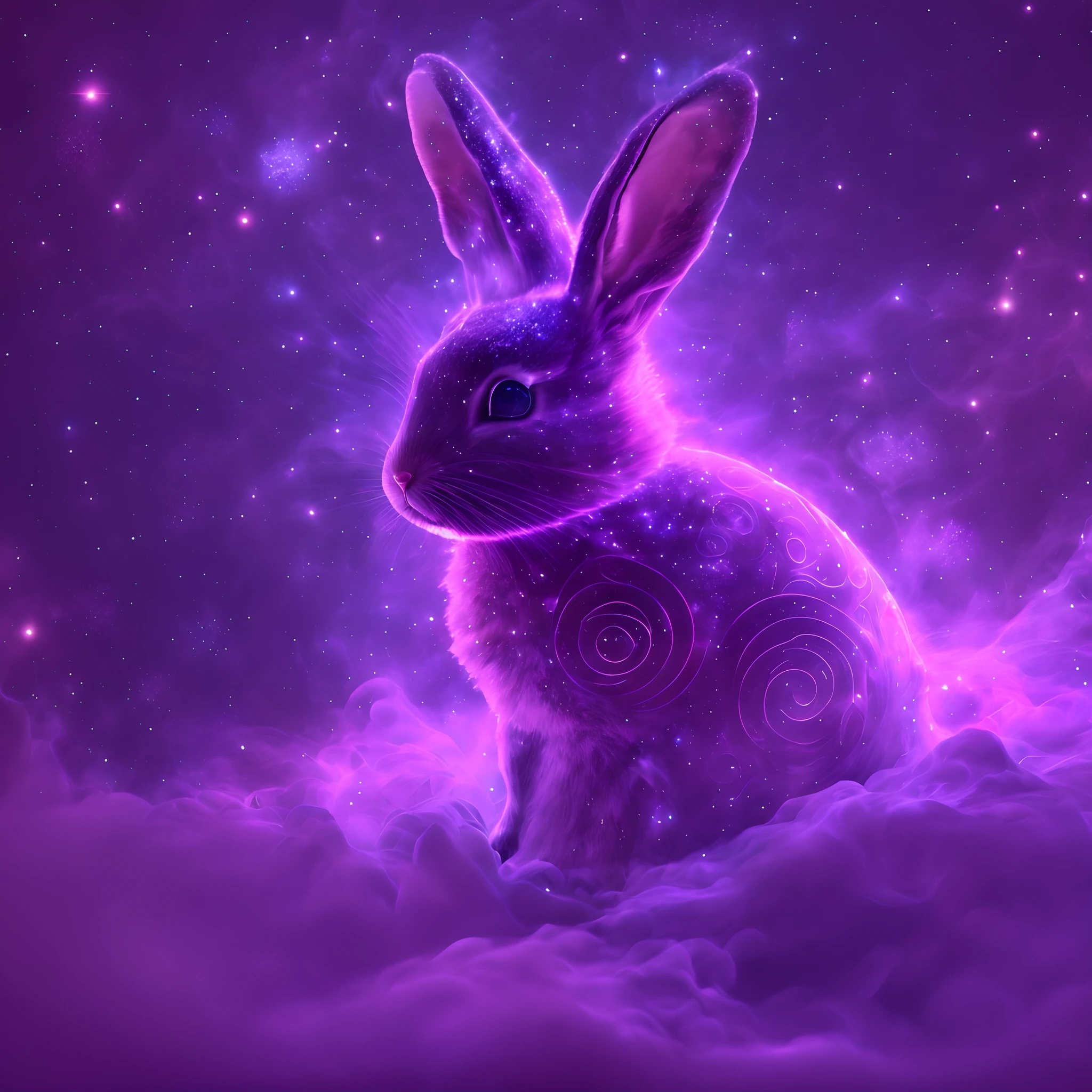 galaxias, spirals, space, Starcloud, stars, Smoke, glitters, intricately details, (The shape of a rabbit), full bodyesbian ,rendering by octane, Ultra photo realsisim , rendering by octane, 8K, uplit ,Purple dream art