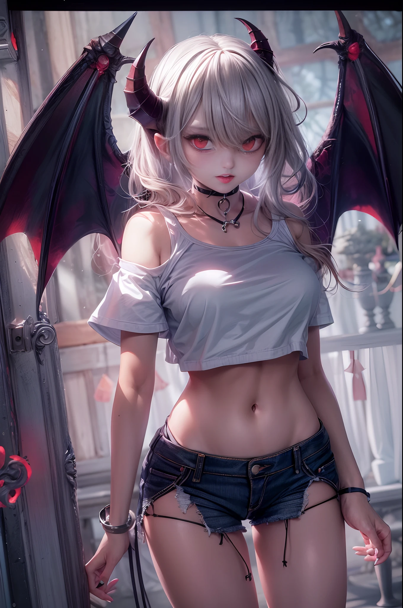 (best quality,4k,highres),sexy demon ,open denim shorts,white wet t-shirt,bare midriff,underboob,batwings,dracula fangs,gazing at viewer,portraits,vivid colors, Blonde hair,dark and atmospheric lighting, Bent over a desk, showing ass, pulling down her pants