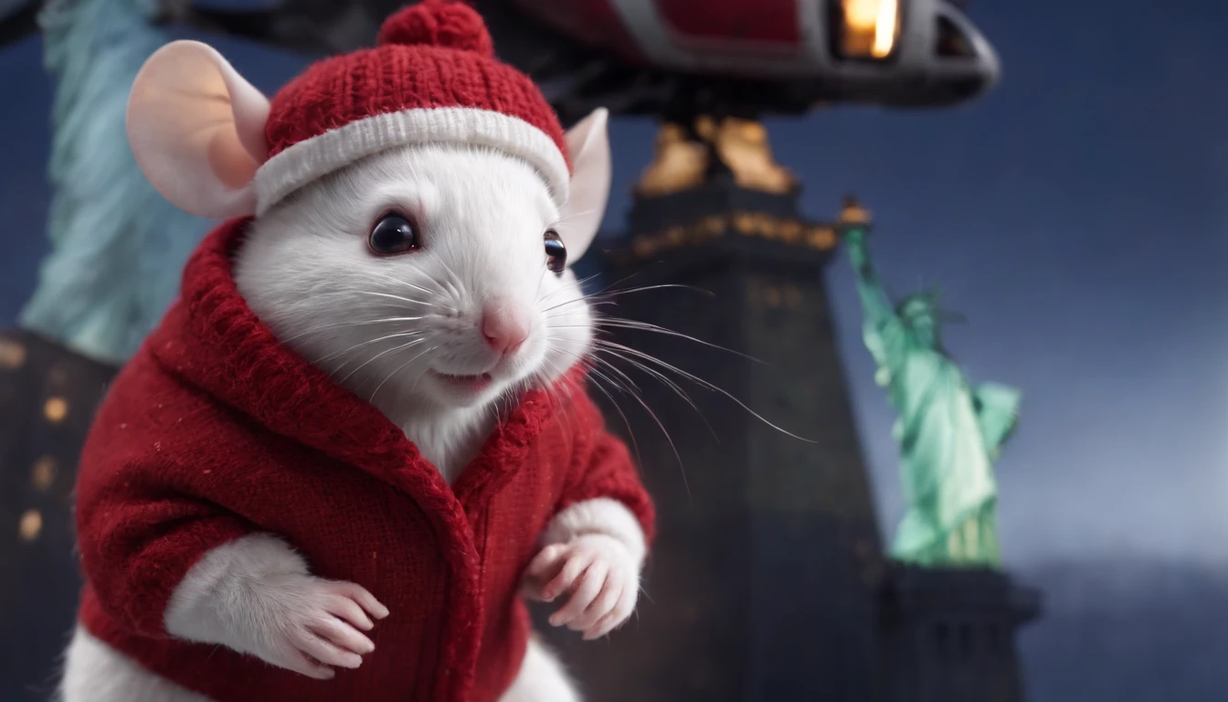 closeup of A cute white mouse with wearing a red sweater looking at the statue of liberty, at night, snowing, from the inside the cockpit of a helicopter