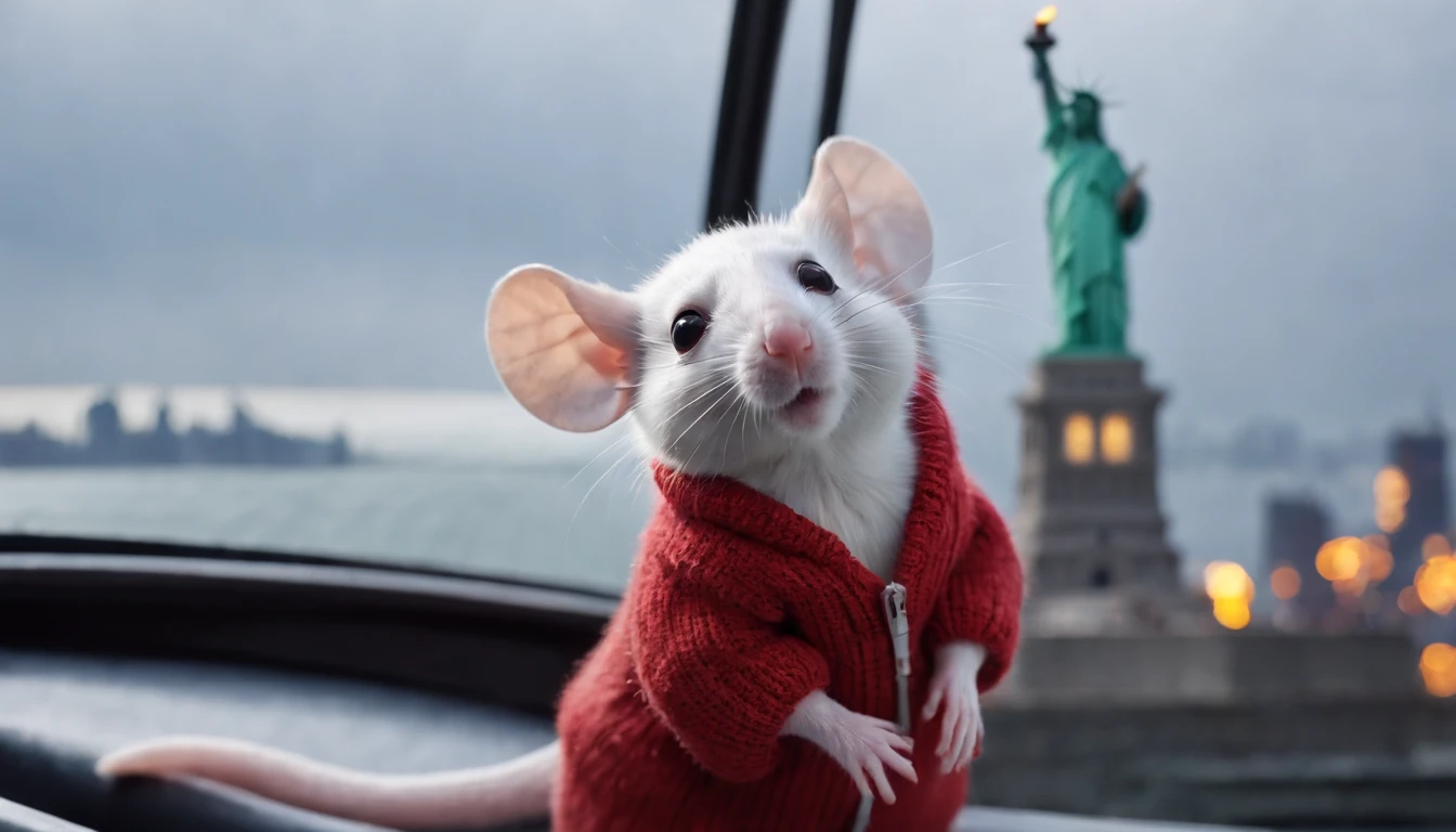 closeup of A cute white mouse with wearing a red sweater looking at the statue of liberty, at night, snowing, from the inside the cockpit of a helicopter