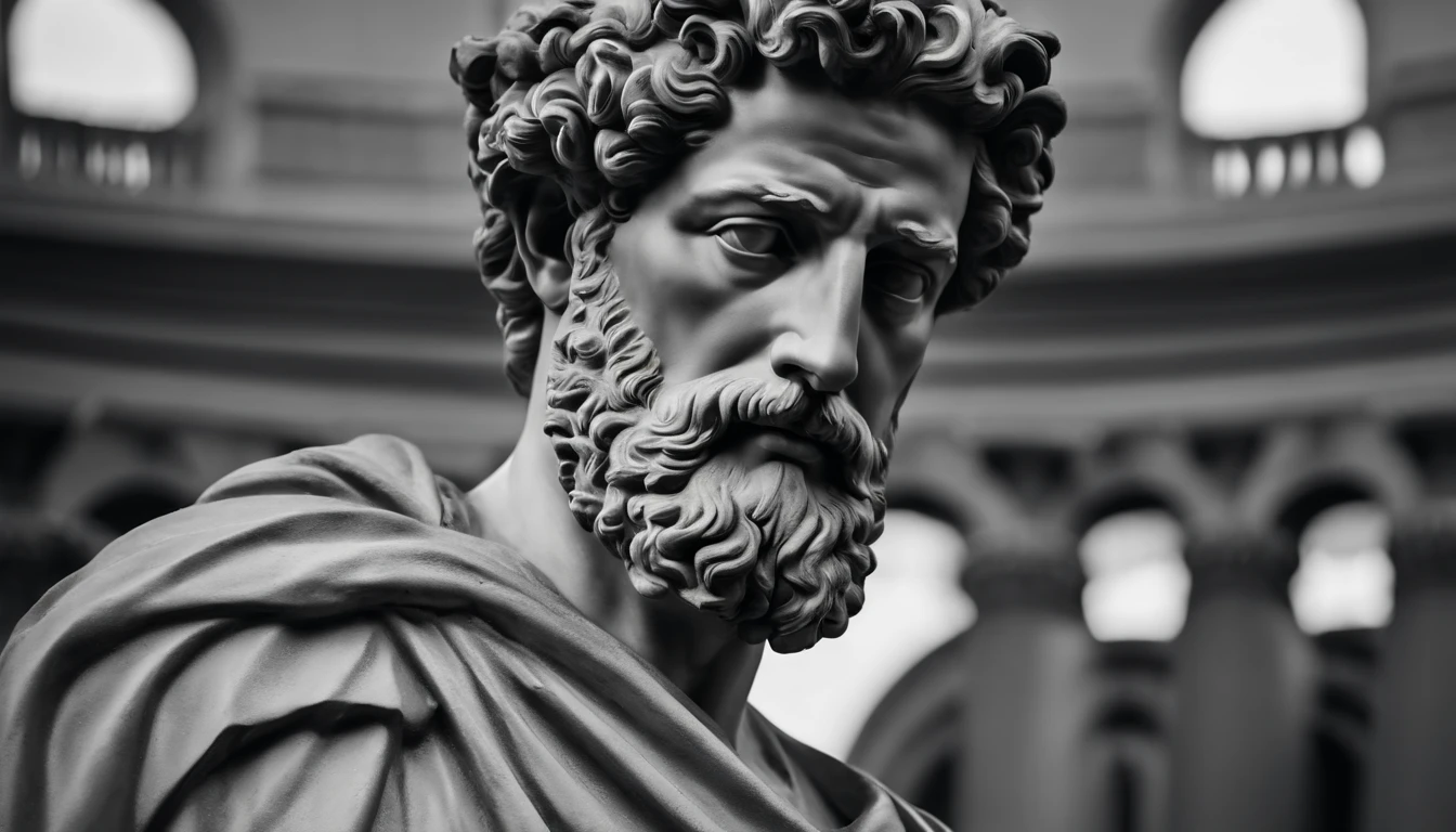 a portrait statue of the stoic Marcus Aurelius in black and white 4K,Face de lado, papel de parede super realista