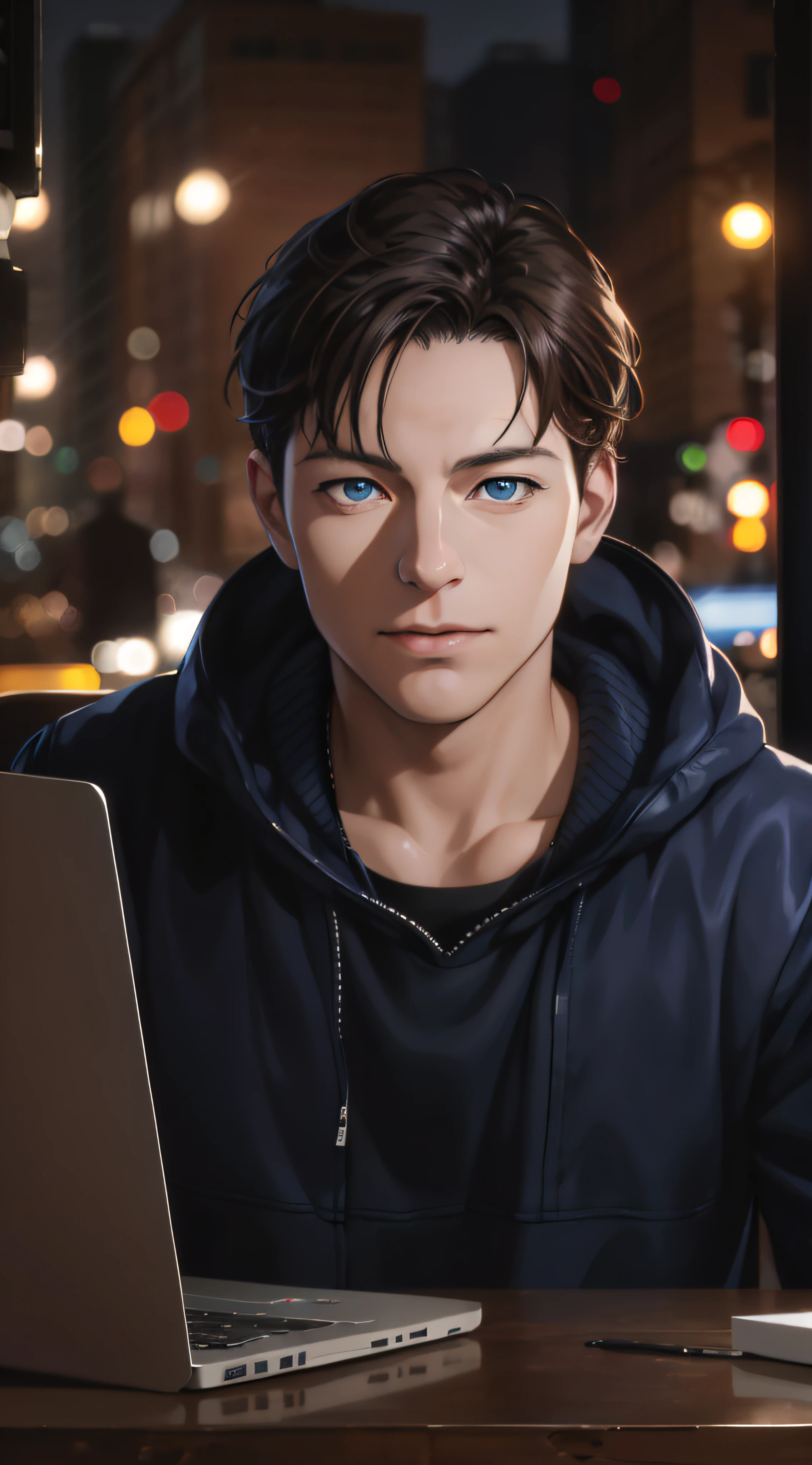 Close up portrait of a person sitting at a laptop table, Realistic art style, Peter Parker, The eyes are slightly lowered(Slight sagging eyes)、Blue eyes、Photorealistic Art Style, Realistic art style, realism artstyle, background artwork, Realistic style, 4k detailed digital art, Detailed Digital Anime Art, realistic anime 3 d style, Cartoon style