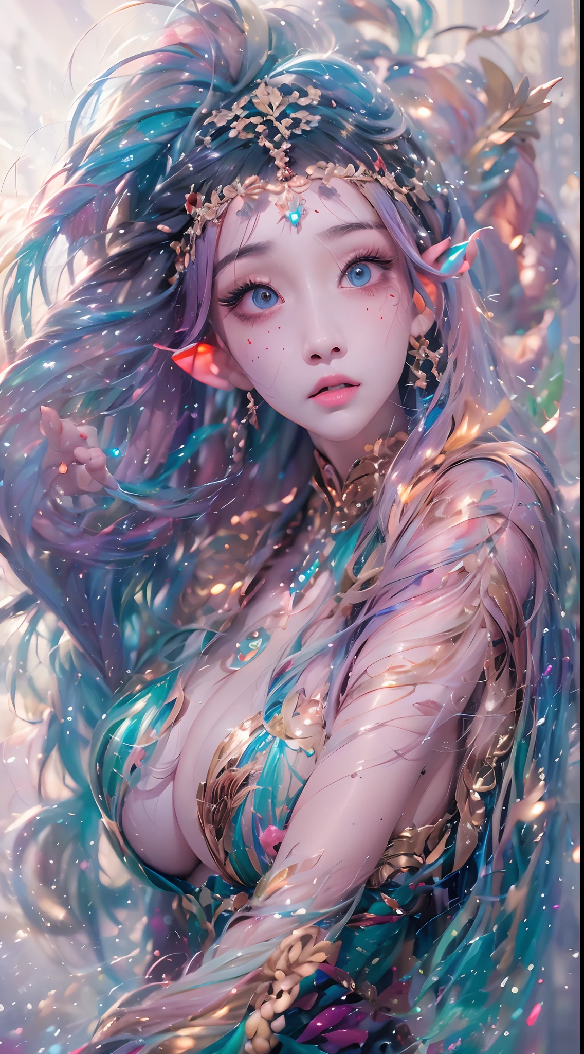 ( Absurd, High quality, Ultra-detailed, Masterpiece, concept-art, smooth, high detail artwork, Hyper-realistic painting , high resolution, paint splatter, colored splashing, Splash of Ink, colored splashing), (( Rainbow hair)),elf, Plum elf, plum , Transparent fairy wings, wearing only his underwear,huge tit,low chest,fairytale-like, Romantic, Vivid, Whole body,hand behind back,Malu,largeeyes,full bodyesbian,(Eye focus),Cosmic eyes,Space eyes,In nature with waterfalls,PureErosFace_V1,Urzang-6500-V1 version.1,