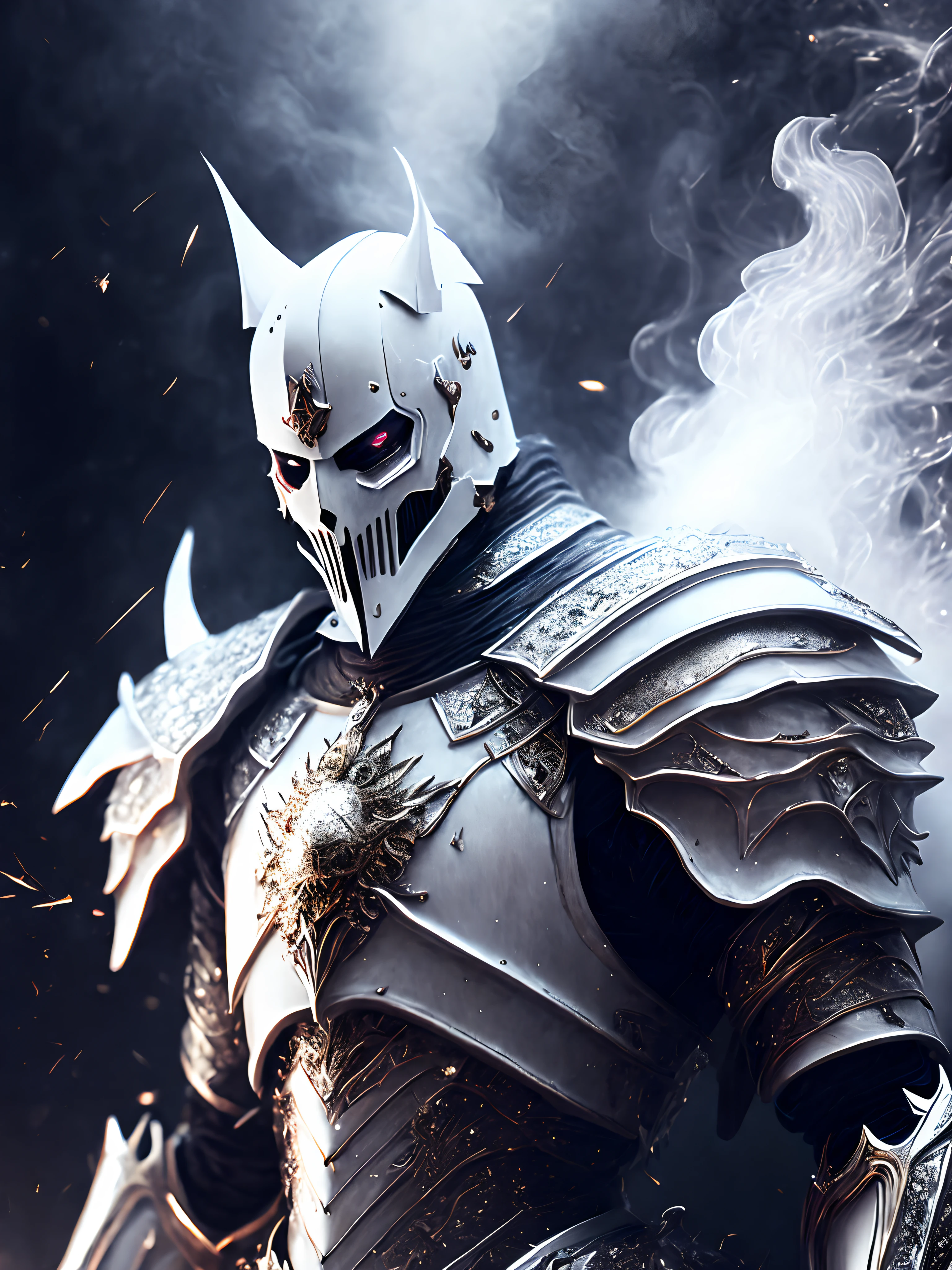 Close-up ( creepy white knight in Goth style: 1.3) emerging from the Ghsot under world, extremely detailed, smoke, sparks, metal shavings, flying debris, volumetric light