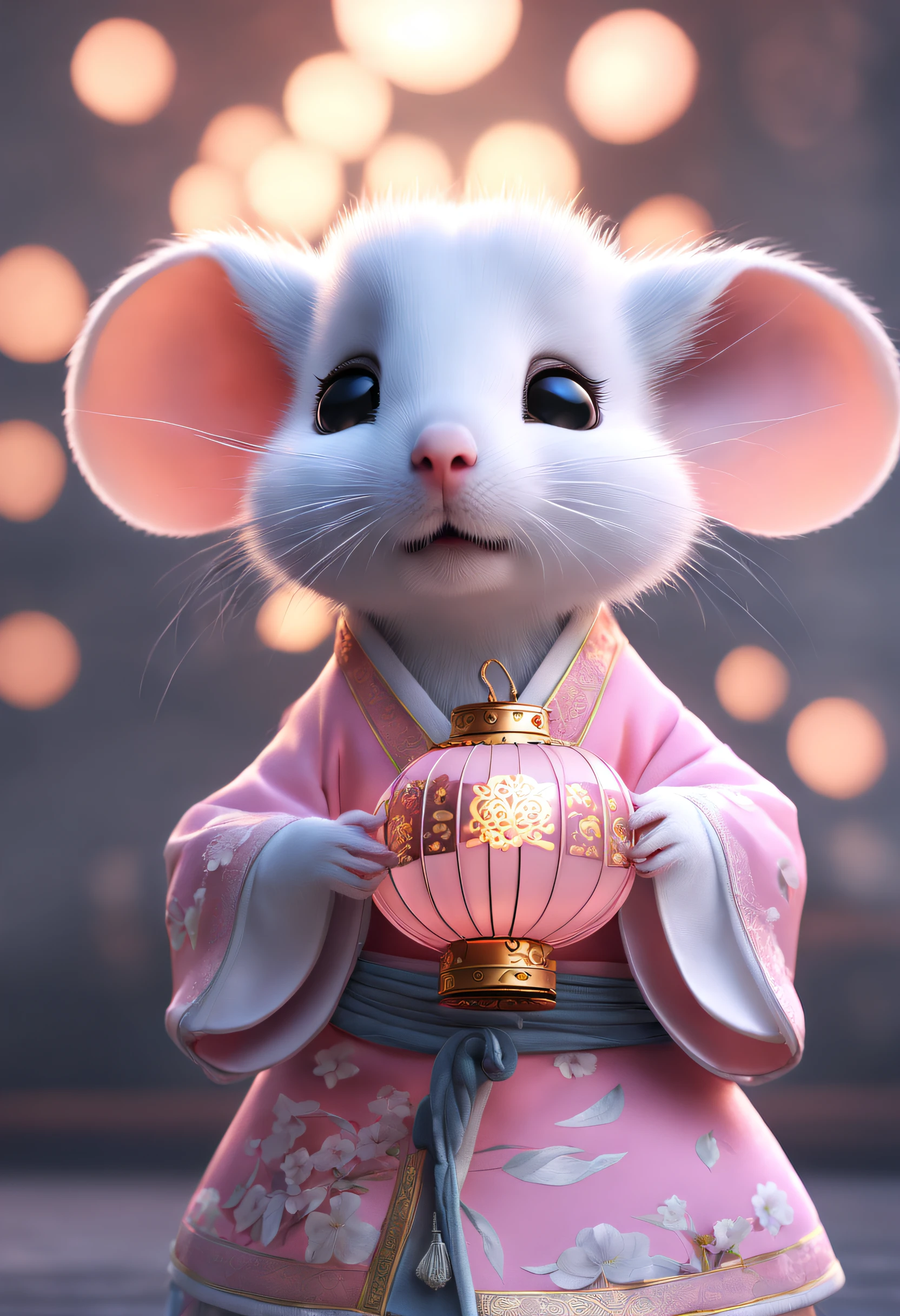 A little white rat in a soft Chinese Tang Dynasty Chinese costume, super cute, cinematic lighting, intricate filigree design, Pixar style, anthropomorphic, holding a pink lantern, big eyes, smile, peach blossom, flow, charming, immortal, fluffy, shiny bristles, ptals, fairy tale, unreal engine 5 and octane rendering, incredibly detailed, 4K, trending in art station, gorgeous, Super wide angle, 4K --ar 10:16 --test --video --upbeta