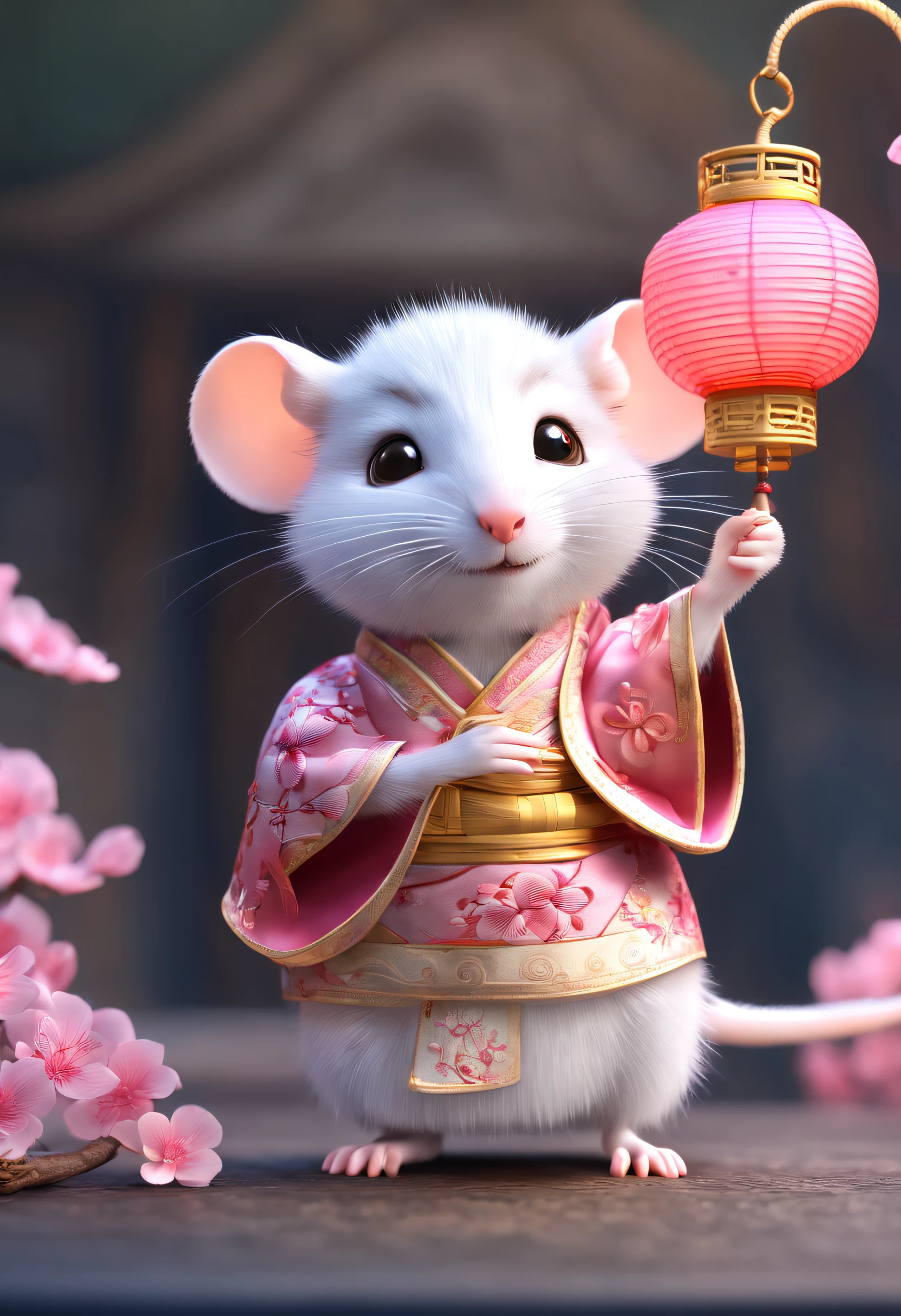 A little white rat in a soft Chinese Tang Dynasty Chinese costume, super cute, cinematic lighting, intricate filigree design, Pixar style, anthropomorphic, holding a pink lantern, big eyes, smile, peach blossom, flow, charming, immortal, fluffy, shiny bristles, ptals, fairy tale, unreal engine 5 and octane rendering, incredibly detailed, 4K, trending in art station, gorgeous, Super wide angle, 4K --ar 10:16 --test --video --upbeta