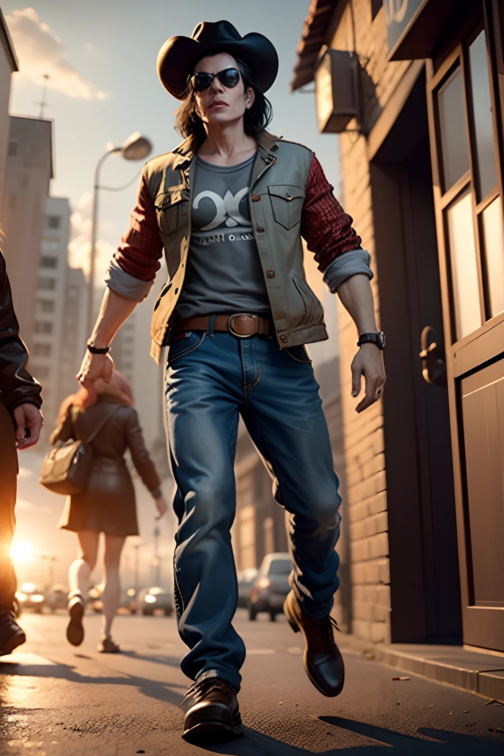 A high potrait of michael jackson wearing a hat manly character well built, wearing casual clothes, in the style of Pixar Animation, walking on a busy big city street, cars, people, dynamic action poses, sunrise, rich colours , 3d render unreal engine , octane render , intricately detailed, 8k, Pixar Animation.