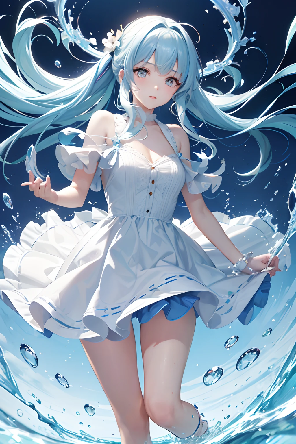 Age up, water, blue skin,solo,extremely detailed CG unity 8k wallpaper,illustration,lens 135mm,masterpiece, best quality,slime girl, slime \(substance\), (blue_skin:1.5),blue hair,naughty face,masterpiece, best quality,,aquagradient eyes,white_hair,Twintails,(white background:1.5),simple background,hands on hip,,Standing,smile,closed mouth,blue eyes,Hair bow,white pantyhose,white lolita fasion,ribbon choker,Legs apart, masterpiece, best quality,, masterpiece, best quality,, masterpiece, best quality,