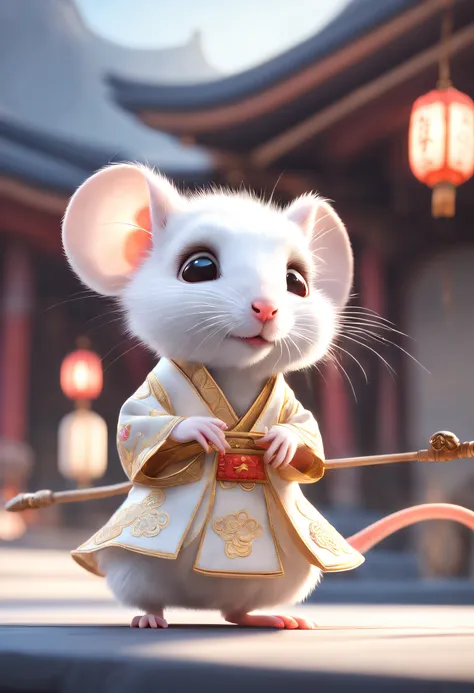 a little white rat in a soft chinese tang dynasty chinese costume, super cute, cinematic lighting, intricate filigree design, pi...