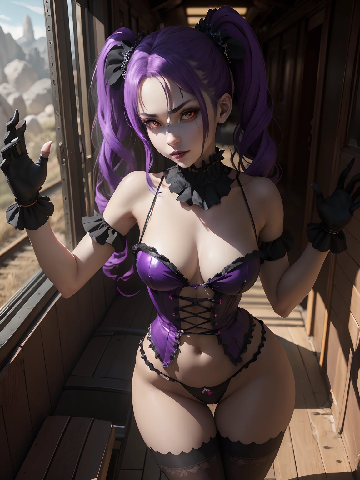Beautiful Alluring Gothic Clown female, Fantasy Theme, Bare Skin, Outside Of A Haunted Train Ride, Purple And Black Stripes, Gothic Clown Makeup, Frilly Outfit gloves and long socks, pigtails hairstyle, Barely Clothed, Beautiful D&D Character Portrait, Ominous, Dark Fantasy, Detailed, Digital Art, Extreme Detail, Polished, Beautiful, Hyperdetailed, Intricate, Elaborate, Meticulous, Anime Character, Detailed, Anime Face, Sharp Focus, Unreal Engine, 3d Rendered, Volumetric Lighting, Reflections, Glossy, Digital Illustration, Sensual Pose, Suggestive Pose, Full Body Shot, 💖❤💕💋❣