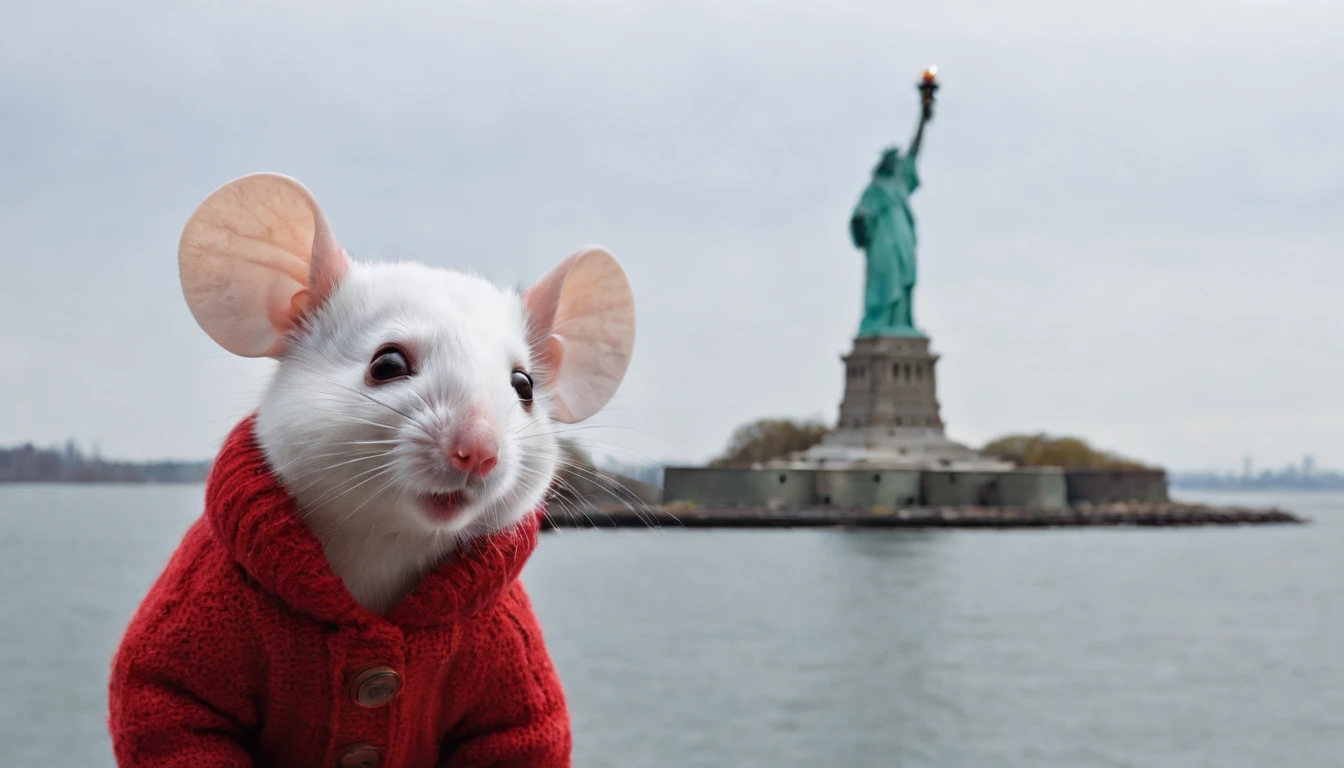 closeup of A cute white mouse with wearing a red sweater looking at the statue of liberty, from the inside the cockpit of a helicopter, at after dark, , snowing, from the inside the cockpit of a helicopter