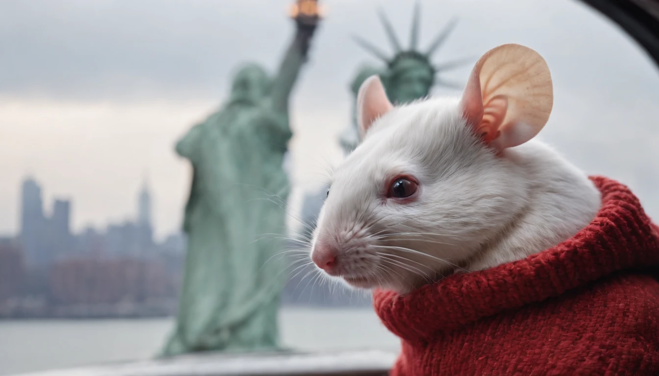closeup of A cute white mouse with wearing a red sweater looking at the statue of liberty, from the inside the cockpit of a helicopter, at after dark, , snowing, from the inside the cockpit of a helicopter