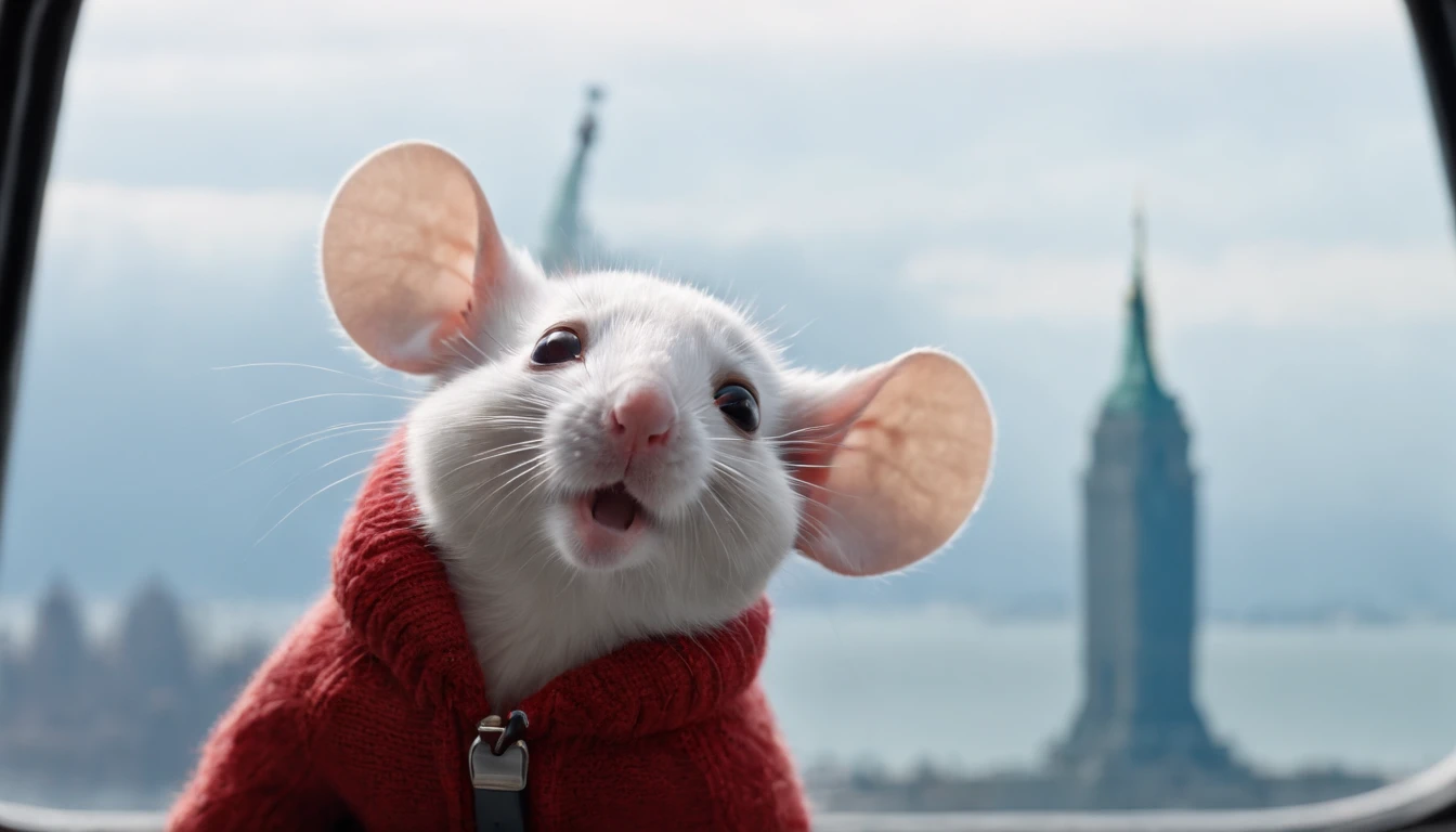 closeup of A cute white mouse with wearing a red sweater looking at the statue of liberty, from the inside the cockpit of a helicopter, at after dark, , snowing, from the inside the cockpit of a helicopter