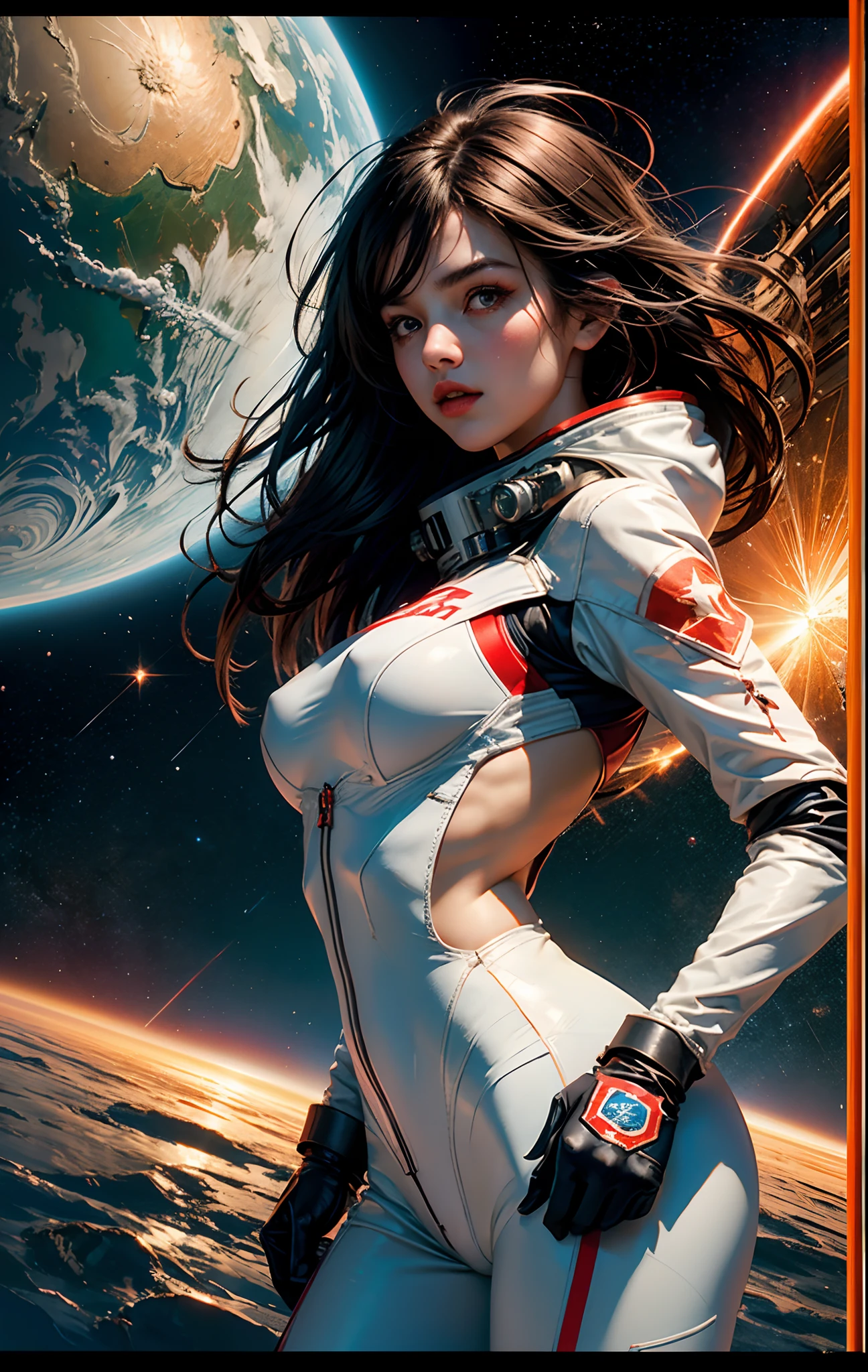 1girl,flat_breasts,cute,beautiful detailed eyes,shiny hair,visible through hair,hairs between eyes, CCCPposter, sovietposter,red monochrome,soviet poster, soviet,communism,
Black_hair,red_eyes,vampire,teenage,poorbreast,Spacesuit:Orange_clothing_body:jumpsuit),white_gloves, white_space shoes, white_helmet, the CCCP red letters on the top of helmet, weightlessness, Side light, reflection, The person in the spacesuit is at the bottom left of the frame, The right hand is outstretched, the right hand gently touches the Salyut space station), Space station in the upper right corner of the screen, Reflected light from the sun, Silver metal,red flag, brilliance,USSR style, diffuse reflection, Metallic texture, The vista is a blue Earth,mecha style,the sea of star,high tone, magnificent