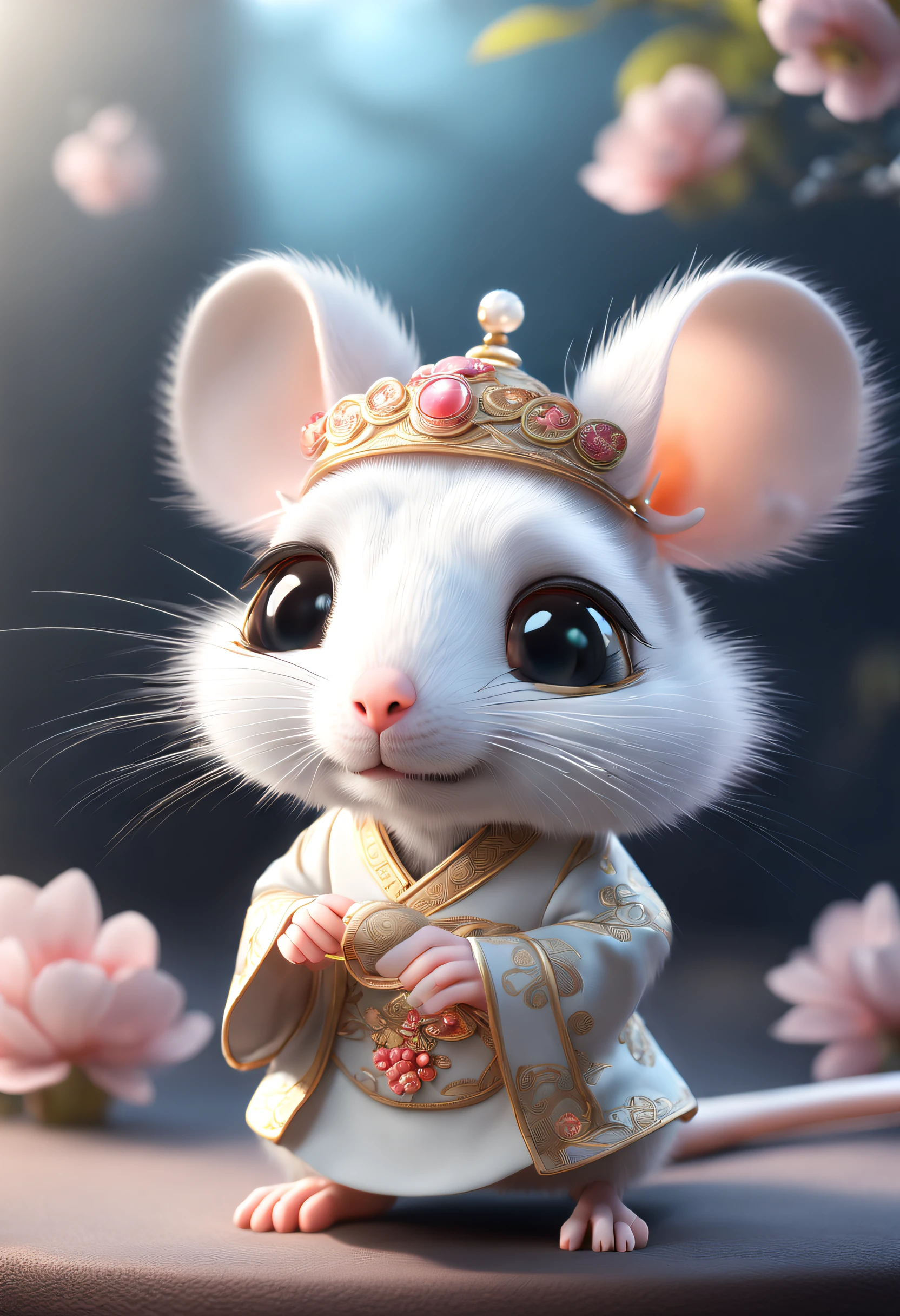 (A little white rat )in a soft Chinese Tang Dynasty Chinese costume, super cute, cinematic lighting, intricate filigree design, Pixar style, anthropomorphic, big eyes, smile, peach blossom, flow, charming, immortal, fluffy, shiny bristles, ptals, fairy tale, unreal engine 5 and octane rendering, incredibly detailed, 4K, trending in art station, gorgeous, Super wide angle, 4K --ar 10:16 --test --video --upbeta