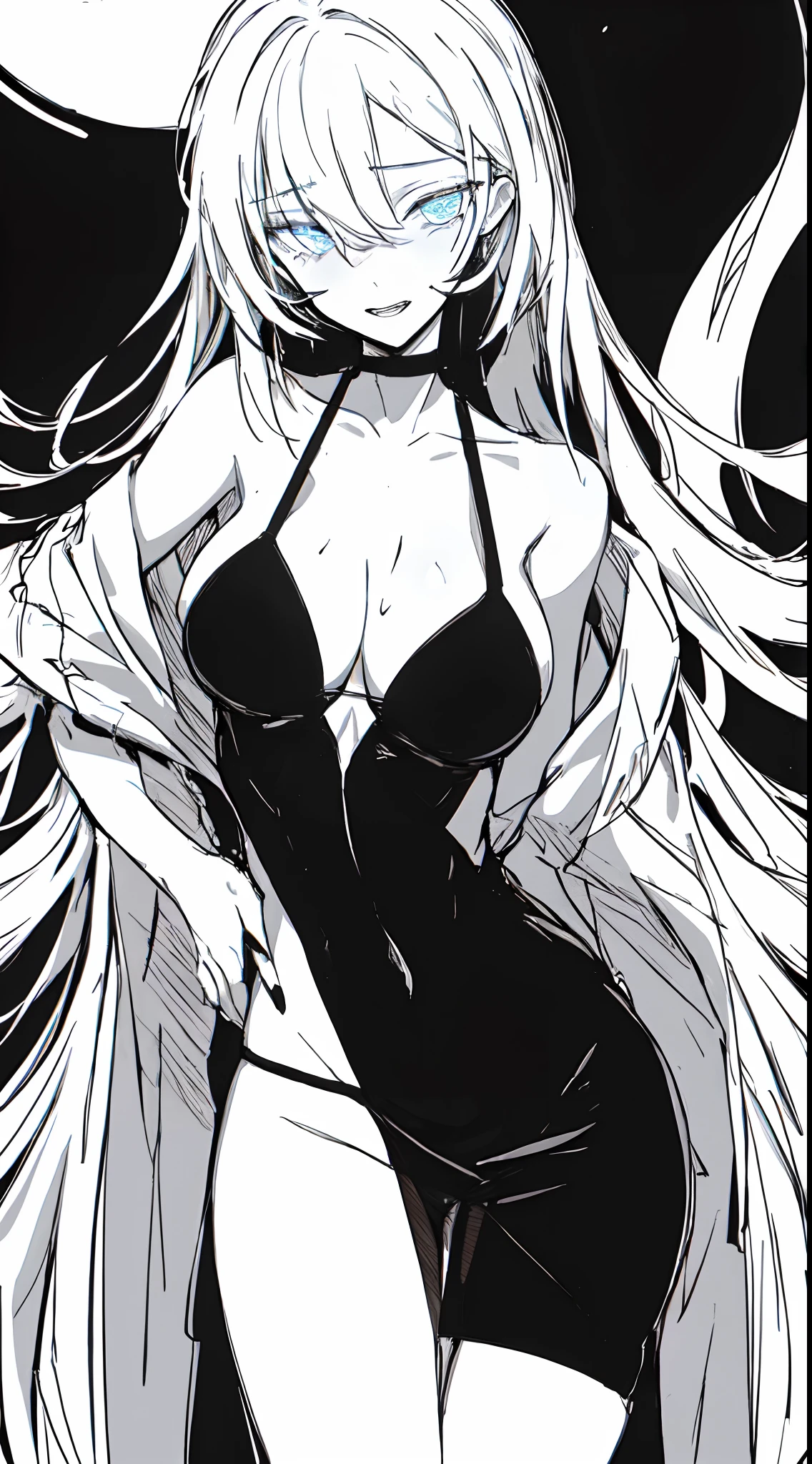 Stunning girl, Detailed eyes, erotic expression, white hair, big breasts, wide hips, slim body, black nightdress, black choker, (Black and white, sketch), black background, hentai, simple poster, ((negative space)),