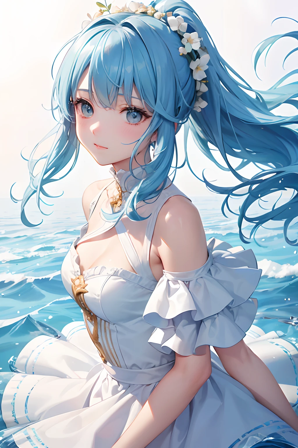 a women, blue hair, blue eyes, white dress