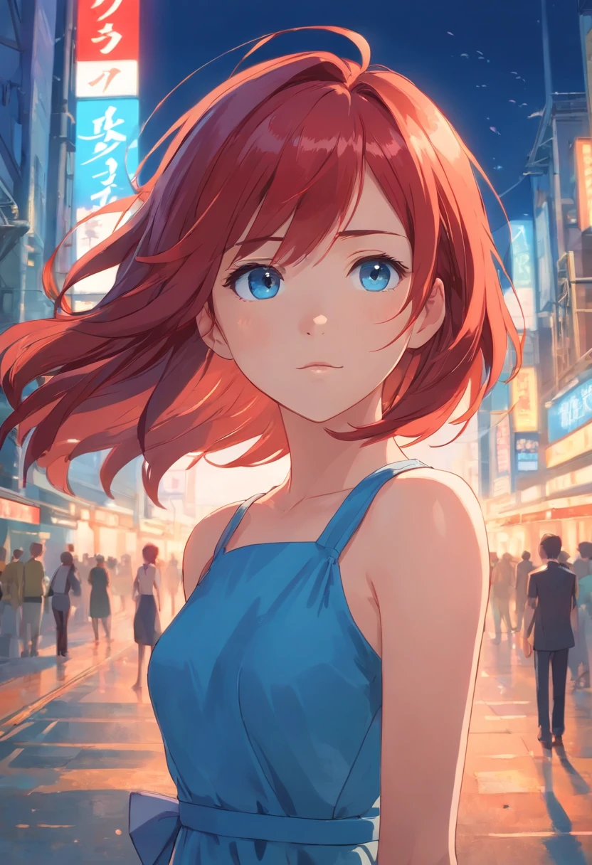 1female, girl, , red hair, blue eyes, short blue dress,