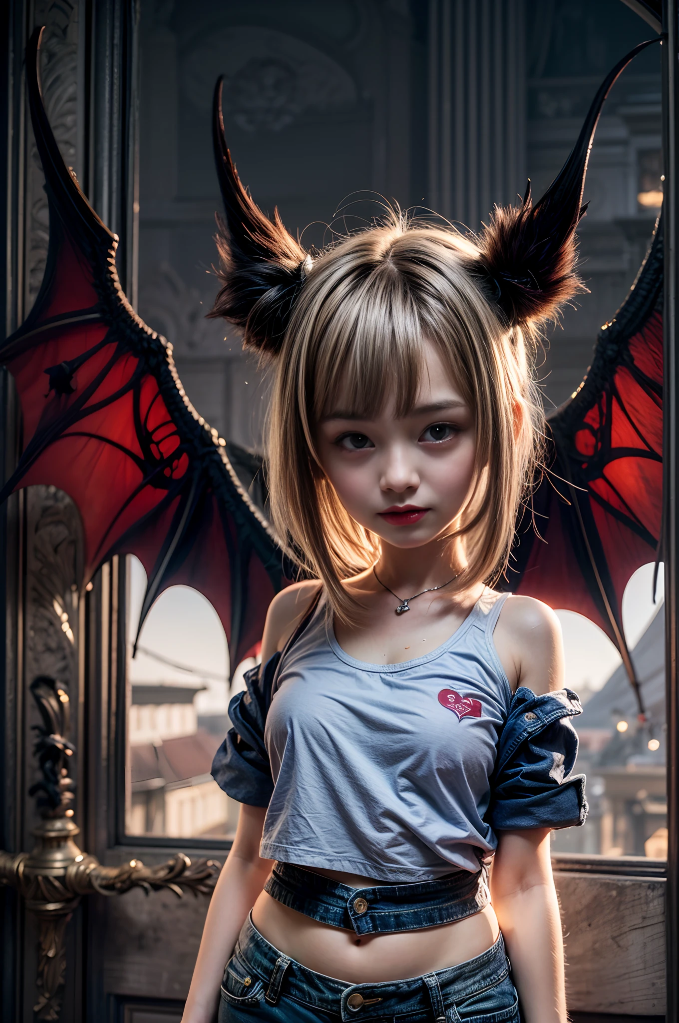 (best quality,4k,highres),sexy demon ,open denim shorts,white wet t-shirt,bare midriff,underboob,batwings,dracula fangs,gazing at viewer,portraits,vivid colors,dark and atmospheric lighting