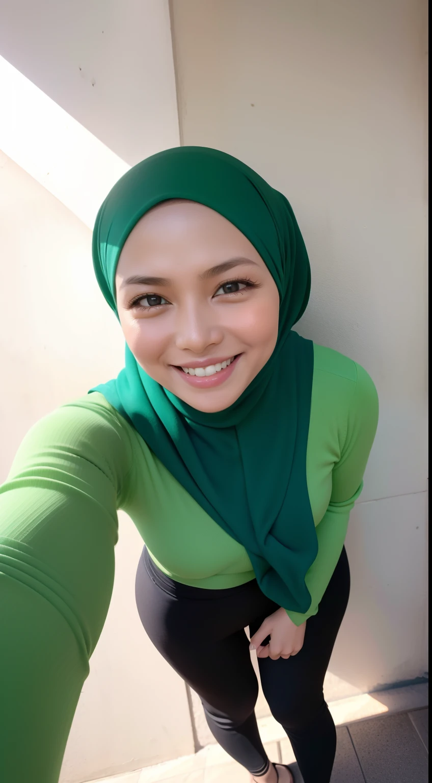 1 malay girl in pastel green color hijab, dynamic angle, soft laughter, unique appearance, long sleeve shirt, high waist pants, ((view from below looking up)), (look down at the camera and smile). Afternoon,