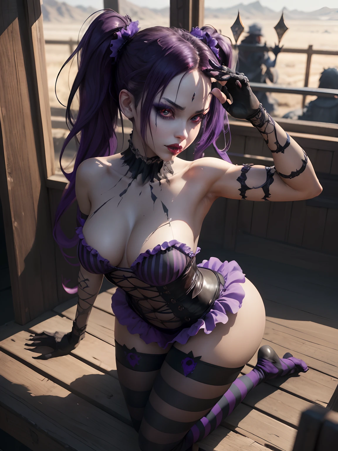 Beautiful Alluring Gothic Clown female, Fantasy Theme, Bare Skin, Outside Of A Haunted Train Ride, Purple And Black Stripes, Gothic Clown Makeup, Frilly Outfit gloves and long socks, pigtails hairstyle, Barely Clothed, Beautiful D&D Character Portrait, Ominous, Dark Fantasy, Detailed, Digital Art, Extreme Detail, Polished, Beautiful, Hyperdetailed, Intricate, Elaborate, Meticulous, Anime Character, Detailed, Anime Face, Sharp Focus, Unreal Engine, 3d Rendered, Volumetric Lighting, Reflections, Glossy, Digital Illustration, Sensual Pose, Suggestive Pose, Full Body Shot, 💖❤💕💋❣