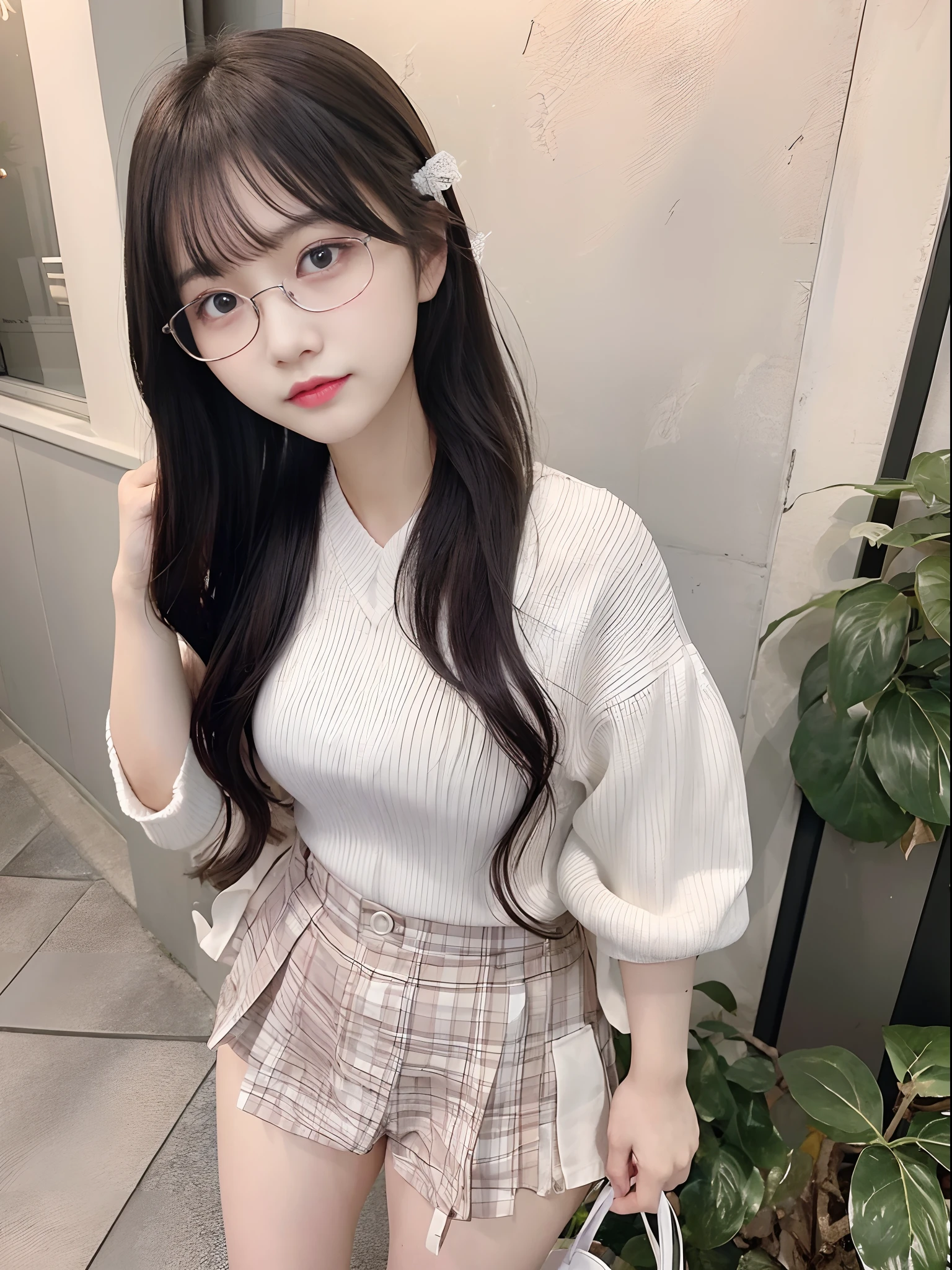 (Masterpiece), (Best Quality), (Super Detail), (One Girl), Standing, Finely Beautiful Eyes, Delicate Beautiful Face, araffed asian woman with glasses and a plaid panties, 18 years old, bbwchan, korean girl, 8k)), 2263539546], thicc, cute panties, 19-year-old girl, young and cute girl, ulzzang, 2 , 1 8 yo