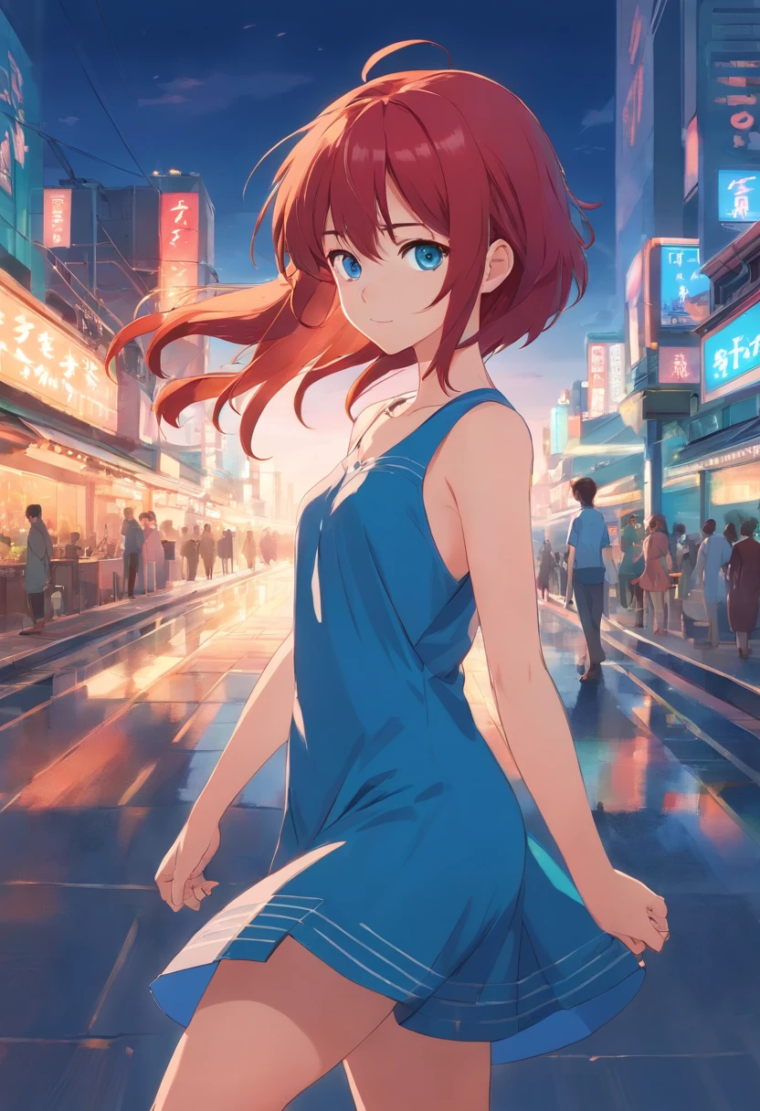 1female, girl, , red hair long, blue eyes, short blue dress,