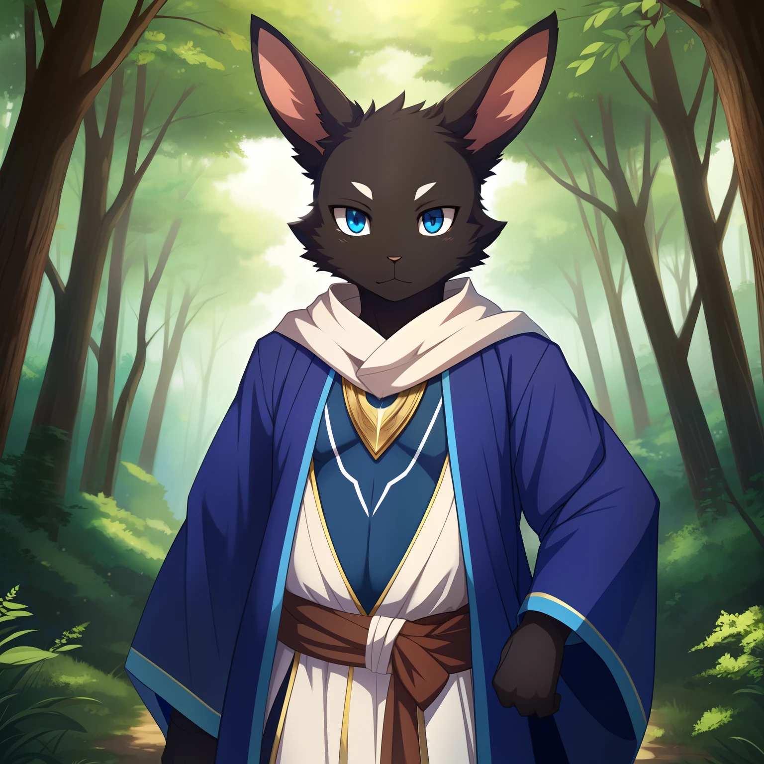 masterpiece, solo, 1boy, Furry, kemono, furry rabbit, anthropomorphic, male, black fur, black skin, blue eyes, blue wizard robes, forest, femboy, uploaded on e621,