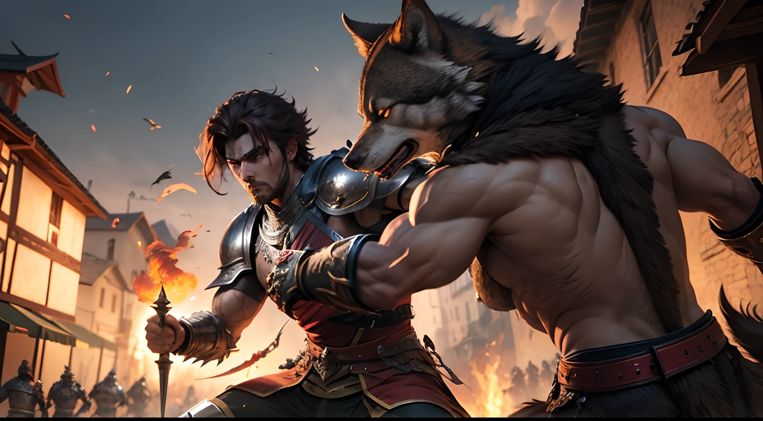 a male warrior with brown hair fighting a wolf creature in the streets of a village, armor, clashing swords, red bands arms, blood, wolf creature, clashing swords, blades, fighting killing, battle, evil creature, wolf creature, combat