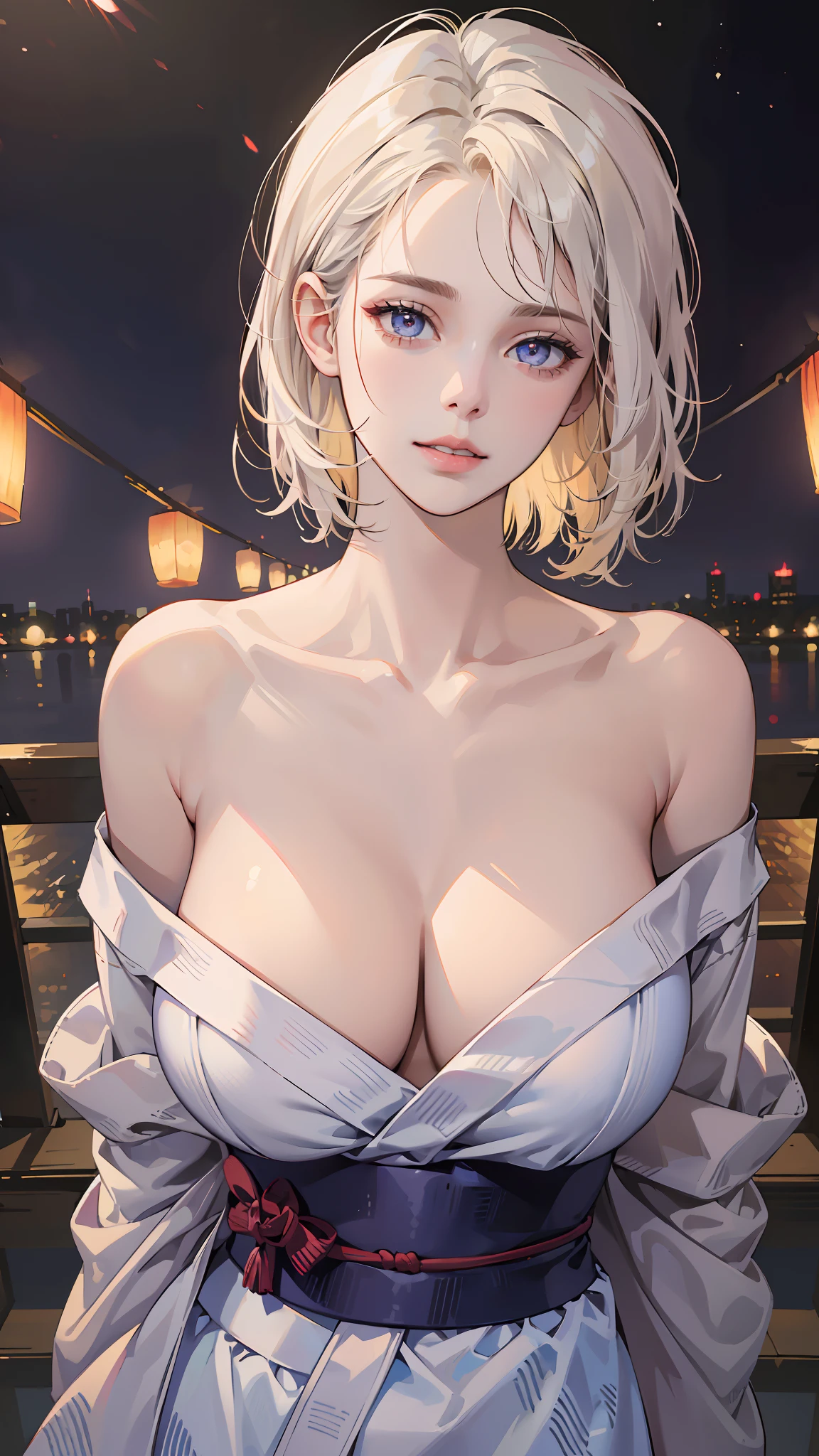 ((((masterpiece, best quality, high resolution)))), Extremely detailed 8K, Beautiful girl with slender body, (Ultra HD, Ultra-detailed, Highly detailed, Highly realistic, Ultra-realistic, photograph realistic), (1girl:1.5), (Realistic white hair), short wavy hair, bob cut, (dynamic poses), facing at camera, light smile, parted lips, purple eyes, (huge breasts: 1.2), cleavage, (beautiful detailed face, beautiful detailed eyes), fluffy off-shoulder yukata, summer festival in background, cityscape scenery, street, night light, night time