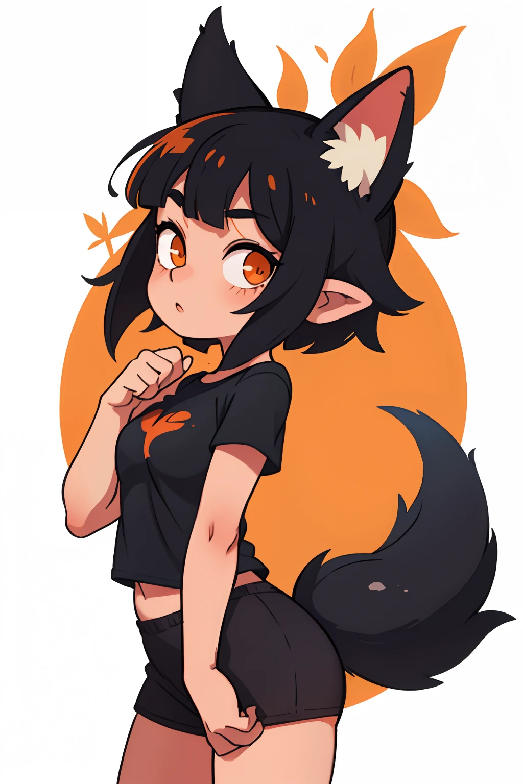 Girl with black hair, with orange bangs, in a black T-shirt with white hands, ears, leaf and tail of a fox