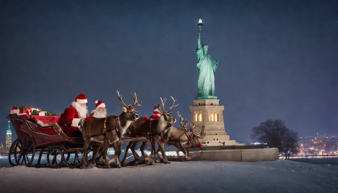 santa claus flying sleigh with 8 reindeer near the statue of liberty at night, city limits in the background, snowing