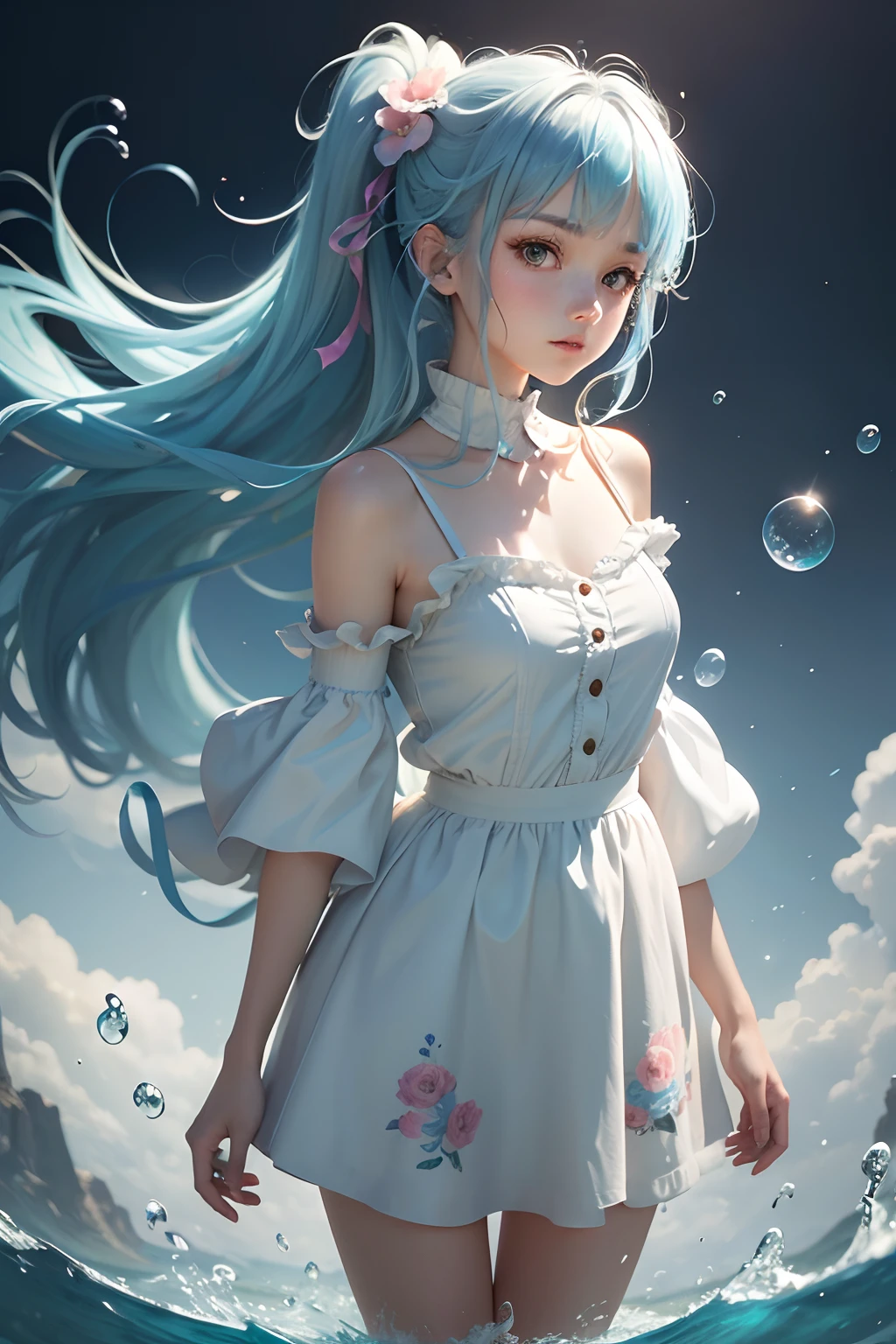 (masterpiece), (best quality), full body, (ultra detailed),(disheveled hair),(illustration), (1girl), (Fashionable clothing), standing, Fashion model, looking at viewer, (interview), (simple background),beautiful detailed eyes, delicate beautiful face, Floating,(high saturation),(colorful splashes),colorful bubble,(shining), focus on face, ponytail, kamisato ayaka, light blue hair, bangs, hair ring, floating flowers, floating hairs, (shining), best lighting, best shadow,