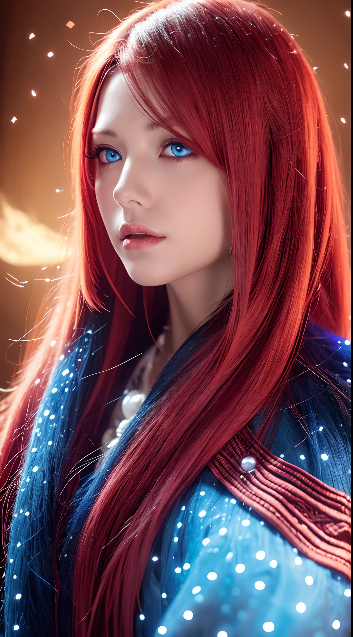 Best quality, 4K, high resolution, Masterpiece:1.2, super ultra detail, (Realistic, Photorealistic, photo-realistic:1.37), vibrant, Red and blue heterochromic eyes，Strong gaze，Mesmerizing eye contact，Fire-red iris，Dark blue shining stars，Shining pupils，Vivid colors，Portrait，Fantasy art，Magical red light，Ethereal beauty，Red color palette，Long yellow hair，Cloak like red