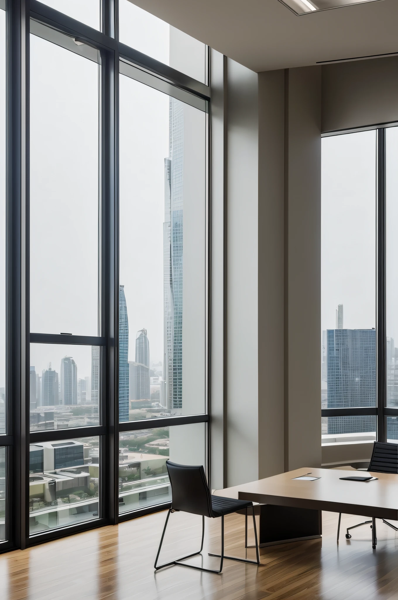 ((masterpiece)) a business office on a fancy building, room view, lot of windows in minimalistic style, city view outside the skyscraper, ((no_humans)), architecture style, minimalistic, ((just the office)), computers, notes, notebooks open, natural light from outside