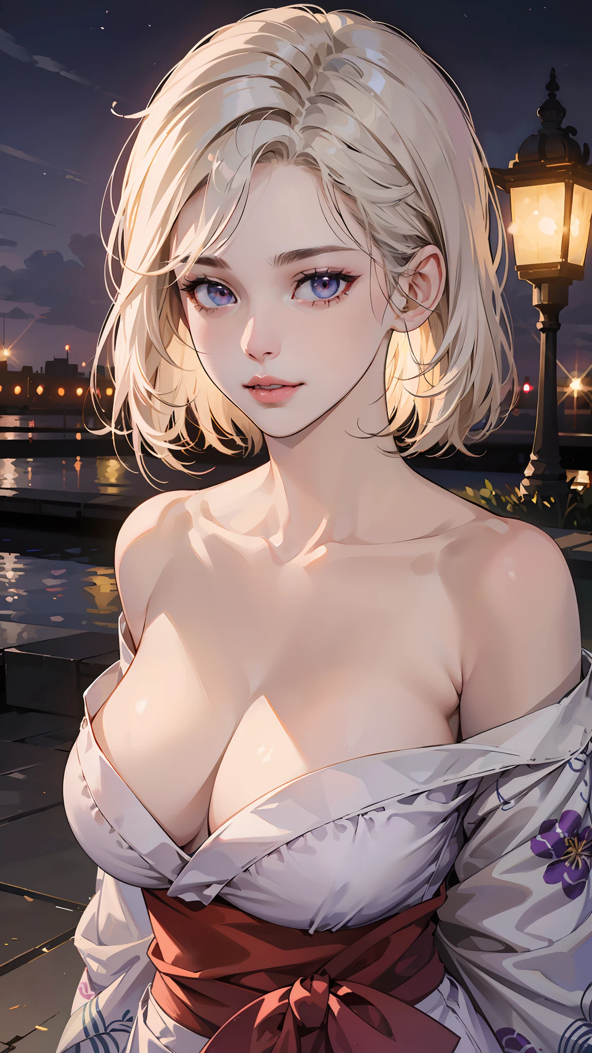 ((((masterpiece, best quality, high resolution)))), Extremely detailed 8K, Beautiful girl with slender body, (Ultra HD, Ultra-detailed, Highly detailed, Highly realistic, Ultra-realistic, photograph realistic), (1girl:1.5), (Realistic white hair), short wavy hair, bob cut, (dynamic poses), facing at camera, light smile, parted lips, purple eyes, (huge breasts: 1.2), cleavage, (beautiful detailed face, beautiful detailed eyes), fluffy off-shoulder yukata, summer festival in background, cityscape scenery, street, night light, night time