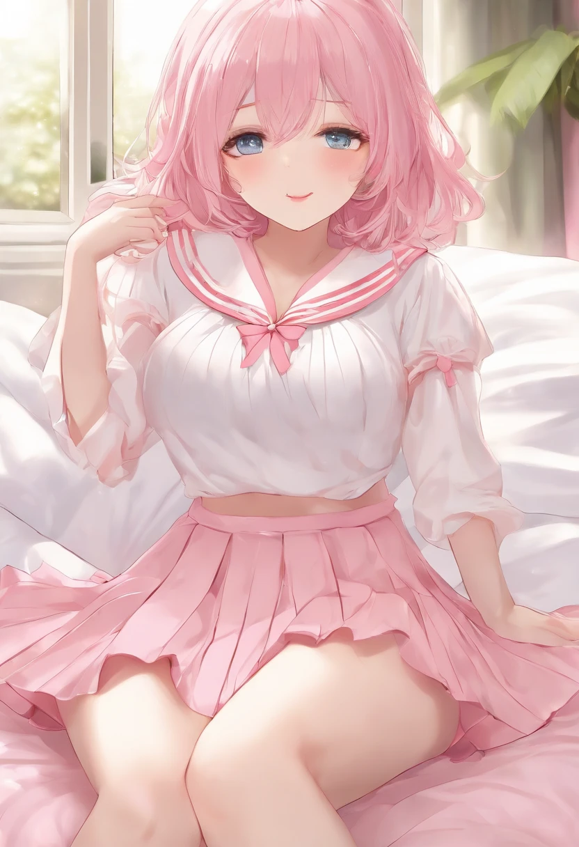 Beautiful illustration、top-quality、Cute s、Bedroom、A pink-haired、long whitr hair、(((Pink pleated skirt)))、(((Pink sailor suit)))、short- sleeved、Colossal tits、a navel、Flipping up her skirt with her hands、does not wear panties、Pull up the skirt,The reveal panties、Bare legged、eBlue eyes、on top of the bed、Lovely thighs、glowing thigh、A smile,evilsmile,Raised sexy,Sexually exuberant,opening legs,masturbated,Moaning