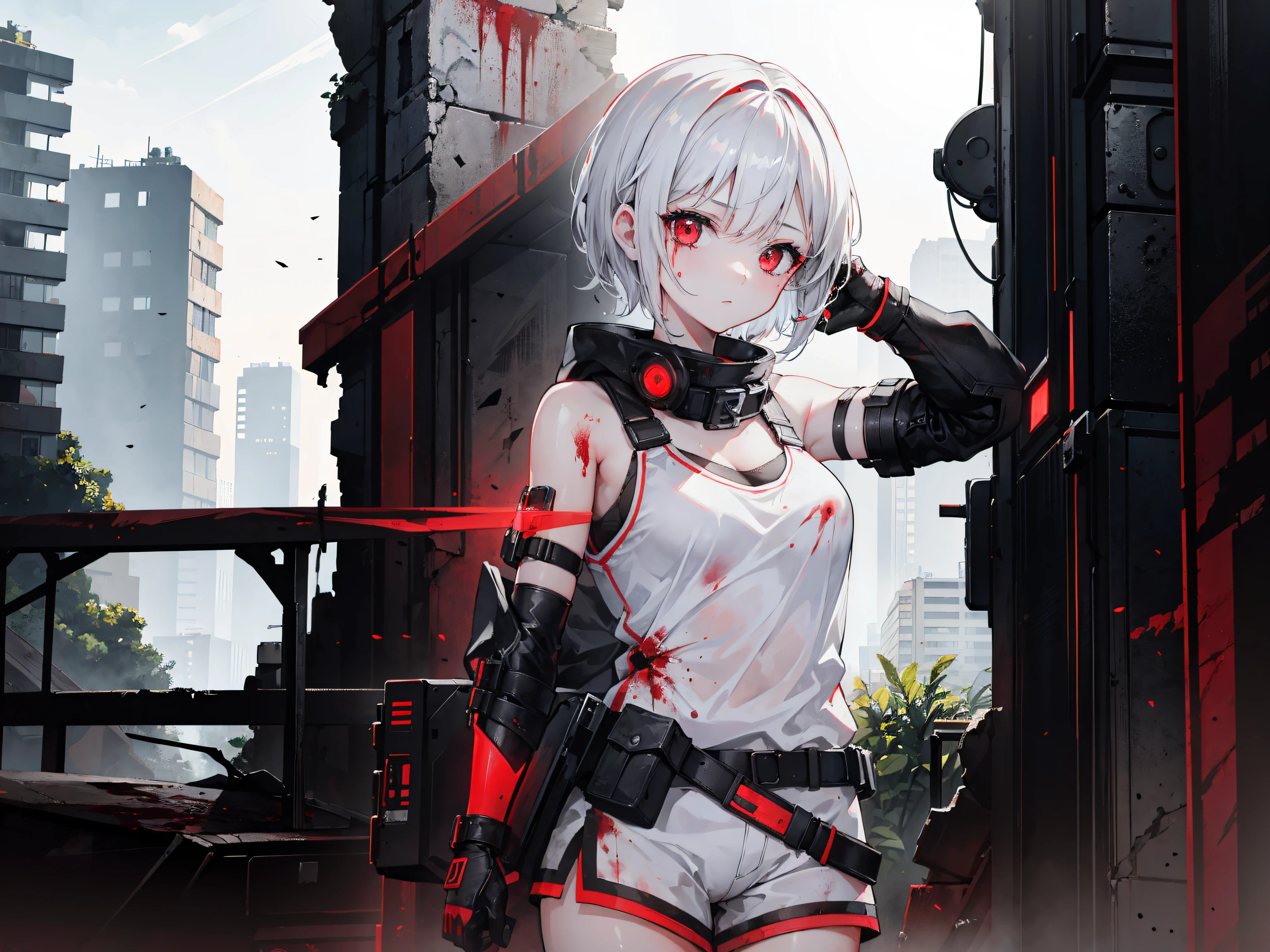 1girl, white short hair, red eyes, wearing black tactical gear, urban ruins, absurdres, high res, ultrasharp, 8K, masterpiece, blood on face, grime on face, tank in the background