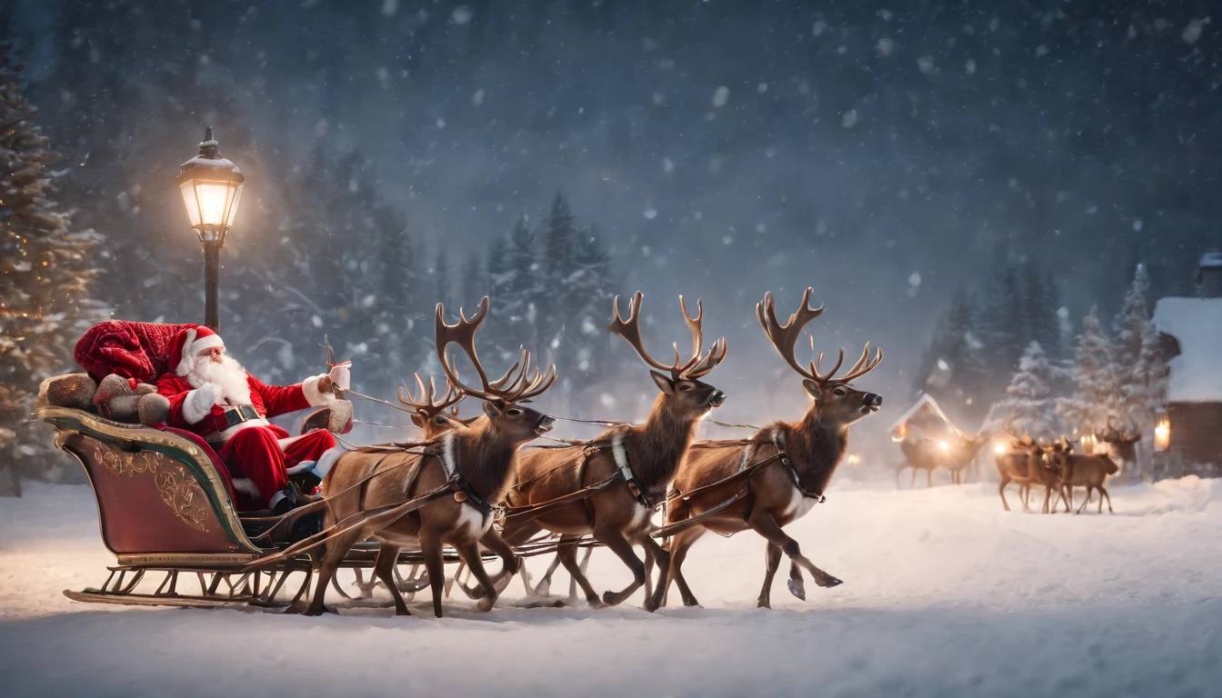santa claus flying sleigh with 8 reindeer new york city lights at midnight in the background, snowing