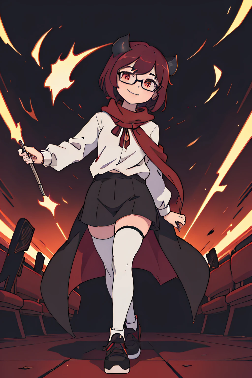 Super perfect illustration style，Manga illustration style，Anime girl with horns and glasses anime moe art style, demon anime girl, Maroon shawl short hair demon girl, in an anime style, Standing portrait of a demon girl,[[[[grinning evily]]]], The witch stood up and looked at the audience， anime visual of a cute girl，Complete the whole body，White slip shirt，Black coat half-shouldered，Black  shorts，Stockings of different heights，On one side are over-the-knee stockings，On one side are calf socks，Draw the entire body in its entirety，The shoes are black sneakers，Background single color，solid color backdrop，Facing the audience, He opened his mouth，Smile and show tiger teeth，Full-body image，White slip shirt，The background color is single white，The eyes are blood-red，Focus on the depiction of the eye，Perfect eye details，The stockings are high on one side，The other side is low，Full character，simplebackground