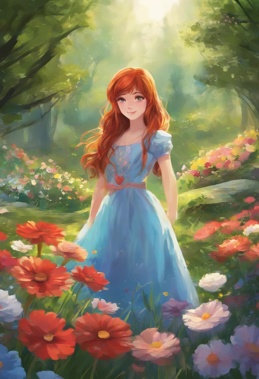 (best quality, highres, ultra-detailed, realistic:1.37), vibrant colors, soft lighting, oil painting style, garden scenery, flowers blooming, green grass, joyful expression, graceful pose, sunlight streaming through the trees, 1fem, 12 age, girl, long red hair, blue eyes, short blue dress