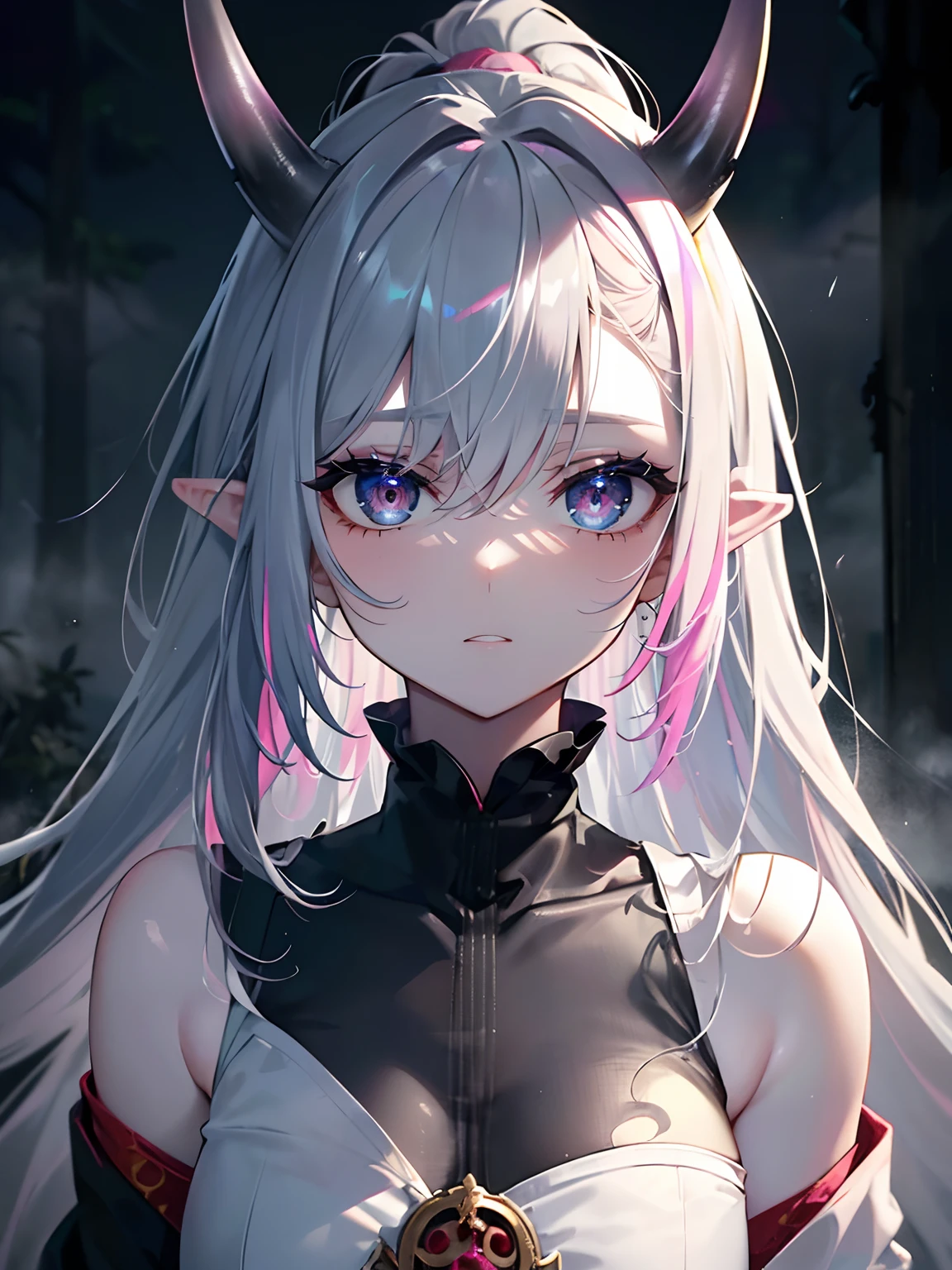 (Masterpiece, Best quality, ultra high resolution),1girl, grey hair, pointy ears, (multicolored hair,pink,blue,yellow),(oni girl 👹),(pale skin),beautiful and detailed face, detailed eyes,on the magic forest, cloudy sky,fog, night (grey theme),